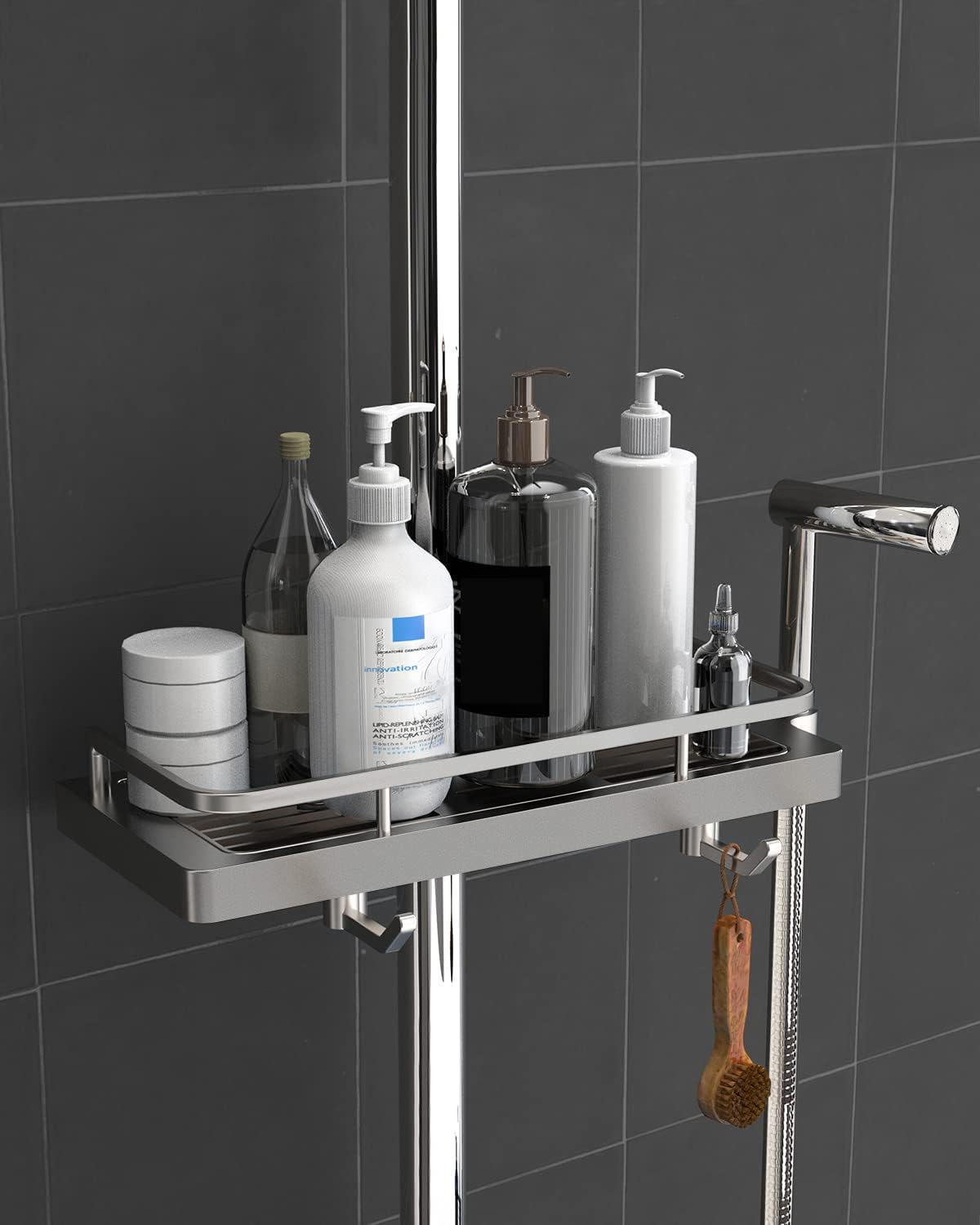 Prime Essentials Mensole Bagno Adesive In Alluminio Nero - Confezione Da 2 Con Ganci, Installazione Senza Fori - 3