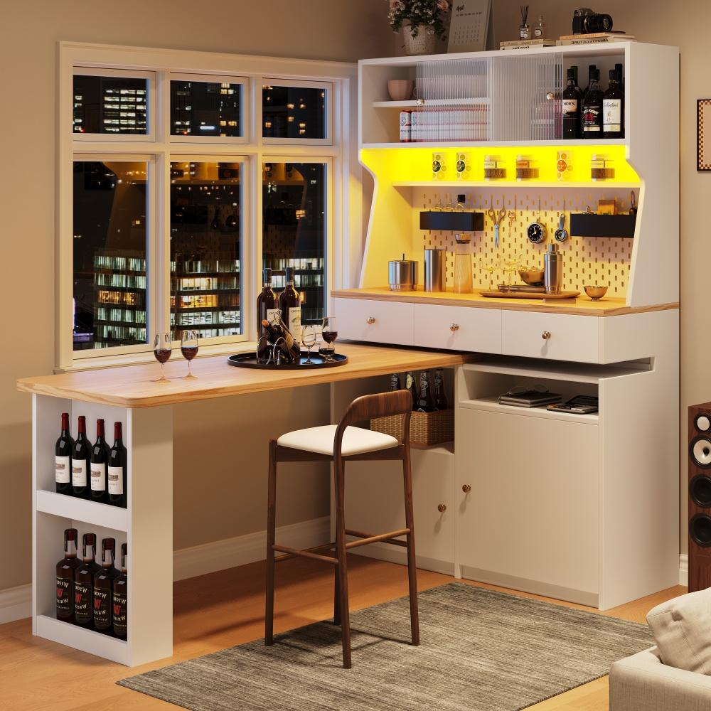 Wielofunkcyjny bufet kuchenny 137x45x178 cm, z oświetleniem LED, 2 drzwiami, 3 szufladami, wysuwaną półką i dużą przestrzenią do przechowywania