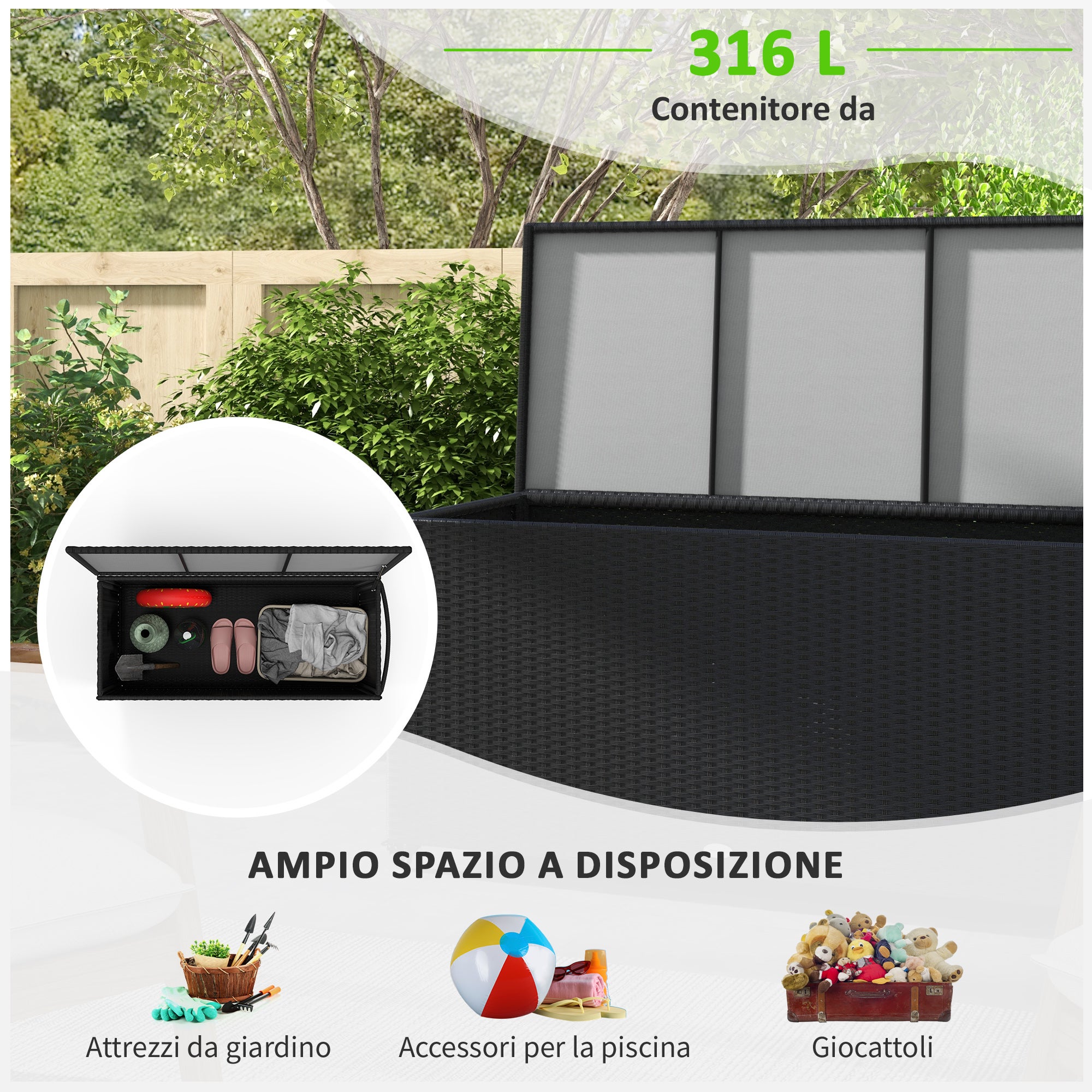 Coffre de jardin en rotin PE,banc de rangement extérieur à roulettes avec vérin pneumatique et poignée latérale,121x57x67cm,noir - 5