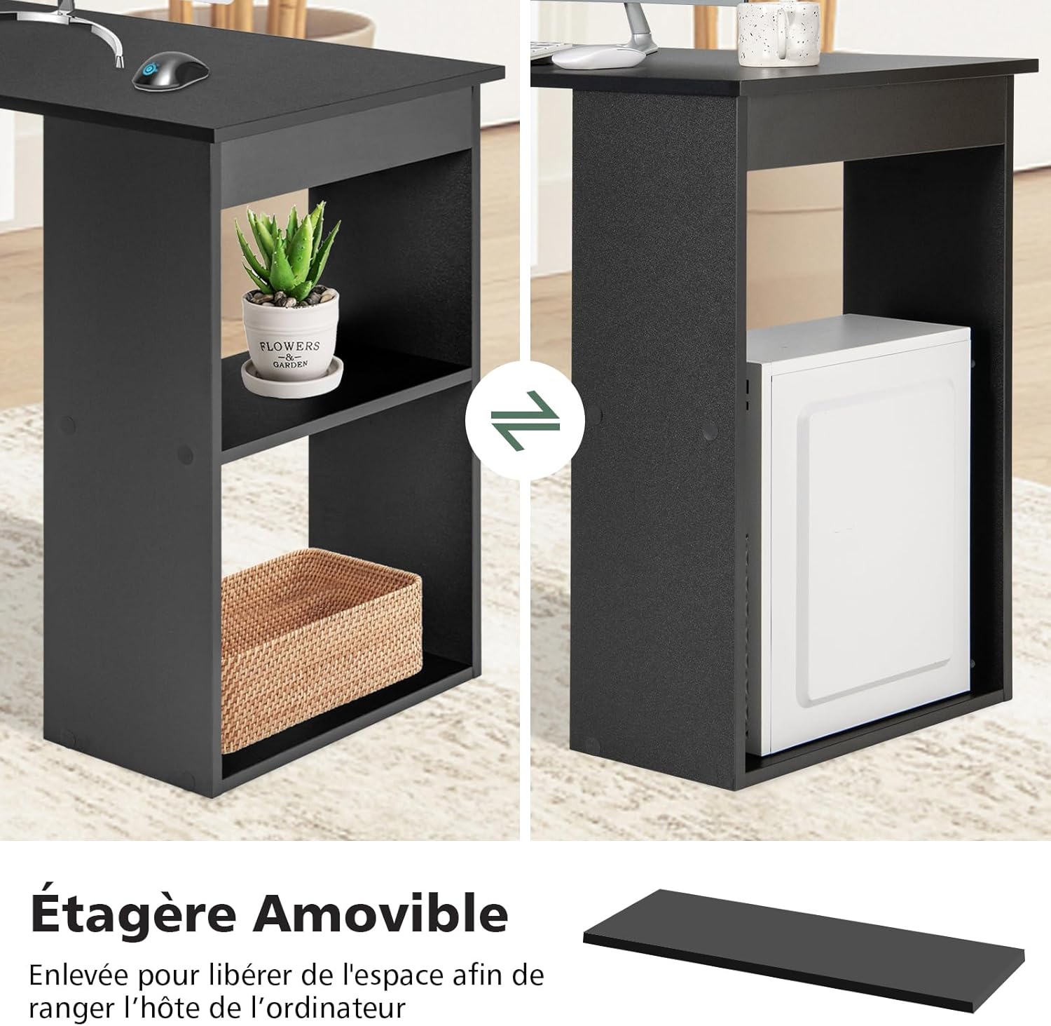 Bureau d'Ordinateur Réversible avec Bibliothèque, Assemblage Facile, pour Maison, Bureaux (Noir) - 7