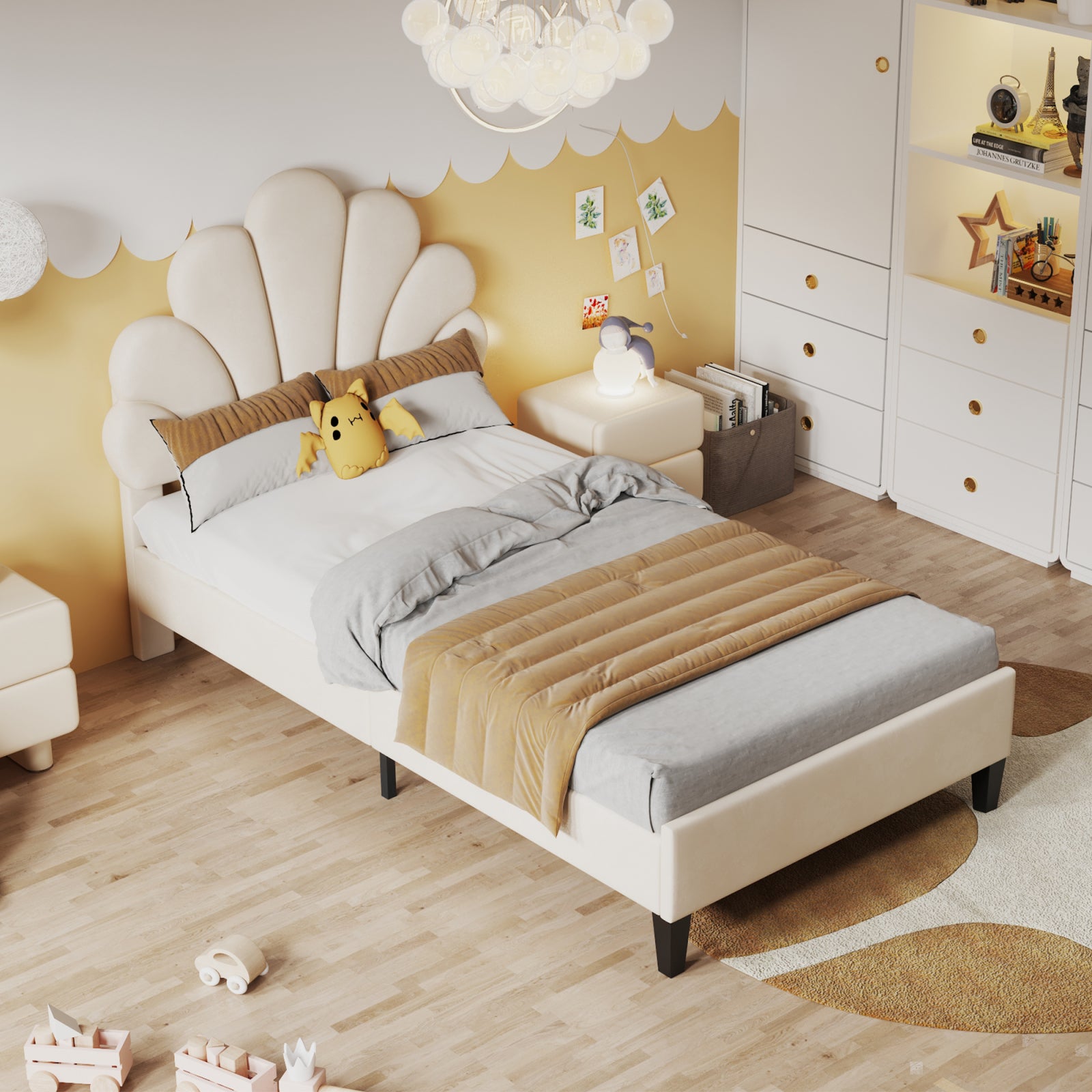 Cama individual 90x200 cm de terciopelo, cabecero en forma de flor, somier de láminas, cama infantil acolchada estilo escandinavo beige - 4