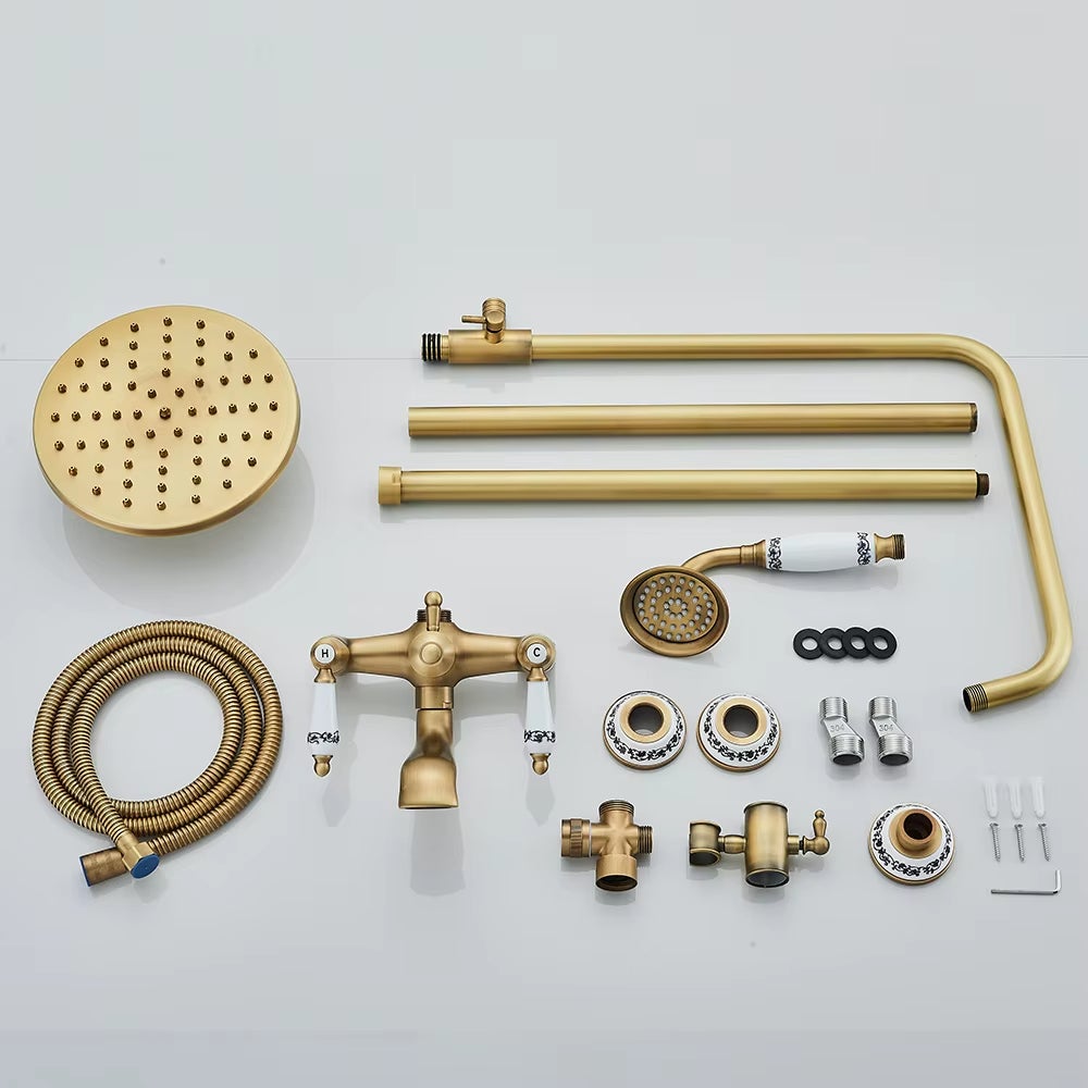 Colonna doccia in ottone anticato, set rubinetto doccia con portaoggetti, doccia a pioggia con doccetta e bocca per vasca, altezza regolabile - 5