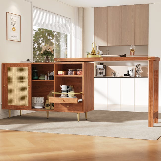 Table de bar extensible avec rangement, étagères réglables, multi-usage Table de bar extensible avec rangement, étagères réglables, multi-usage