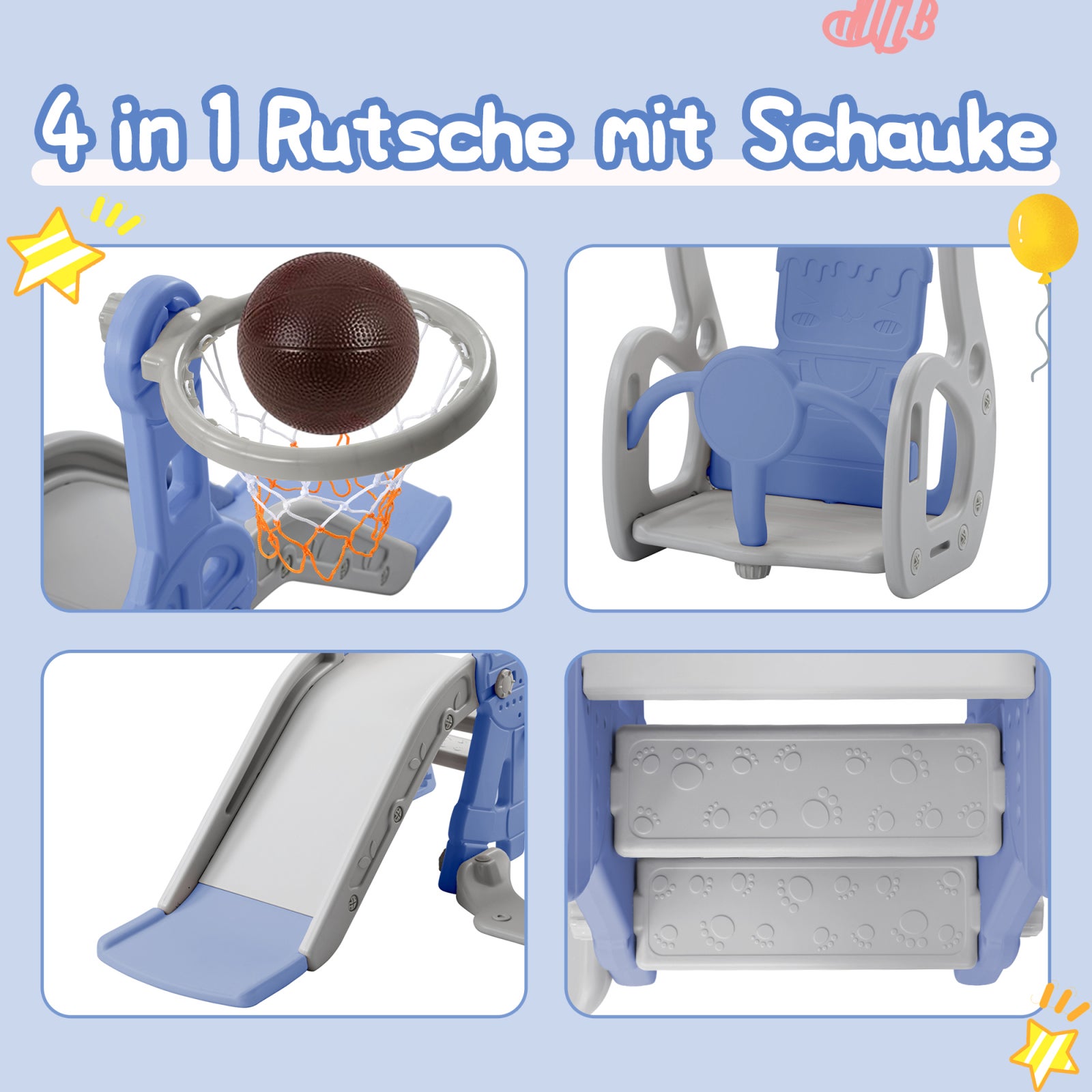 Toboggan Enfant 4 en 1 Toboggan Bebe avec Balançoire et Panier de Basket pour Les Enfants de 1 à 6 Ans, Aire de Jeux Intérieure et Extérieure, Bleu - 5