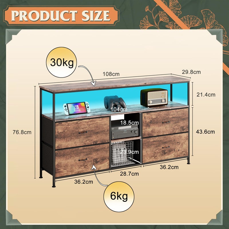 Meuble TV, 108x30x78cm, avec bande lumineuse LED et 4 tiroirs en tissu rétro, pieds réglables en hauteur, structure en fer, meuble tele - 4