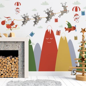 Biglietto di auguri di natale con simpatici personaggi di babbo natale, pupazzo di neve e renne