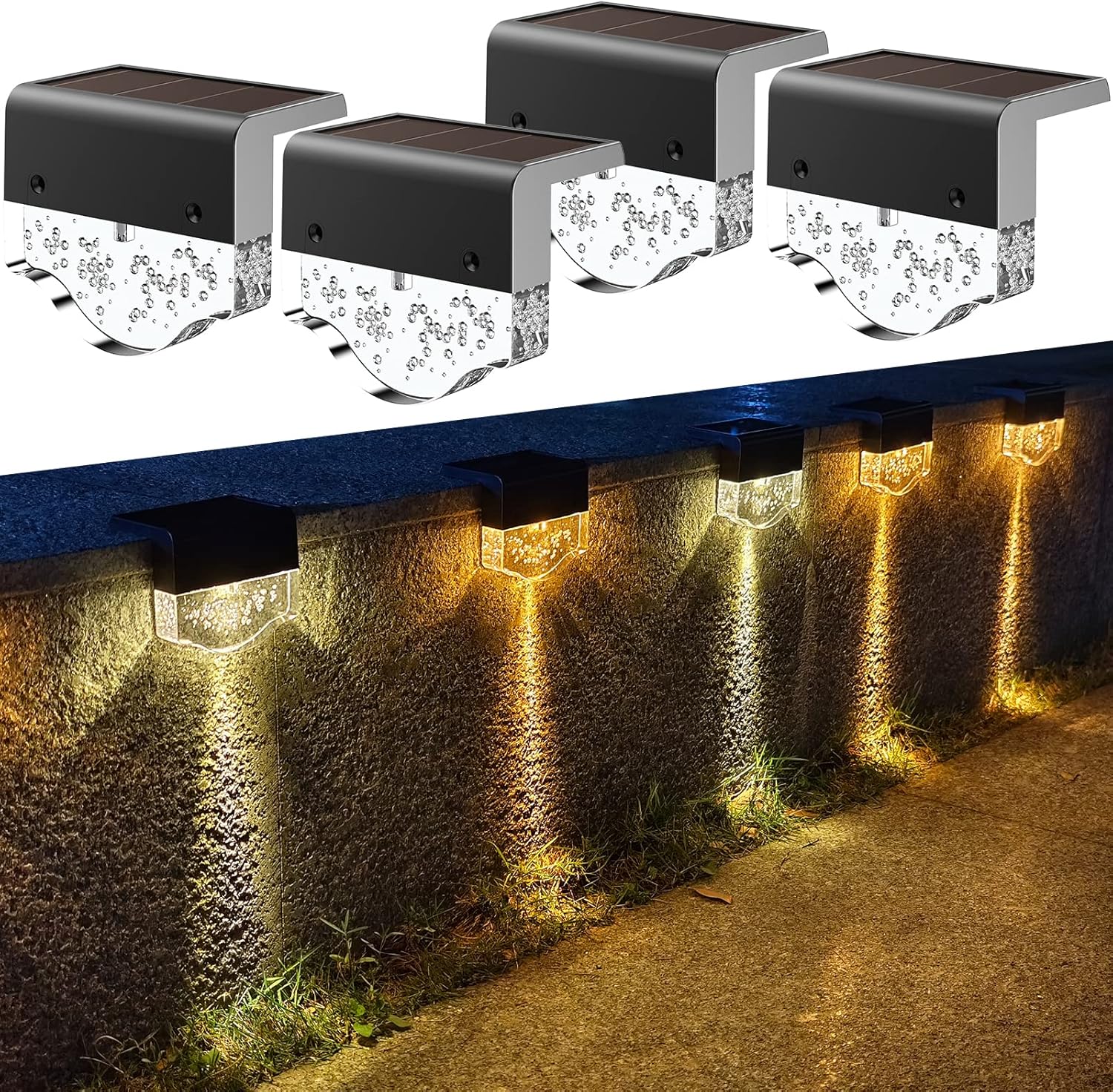 Lampy solarne do dekoracji ogrodu, schodów i stopni, 2 tryby, ciepłe białe światło + bursztynowa dioda LED