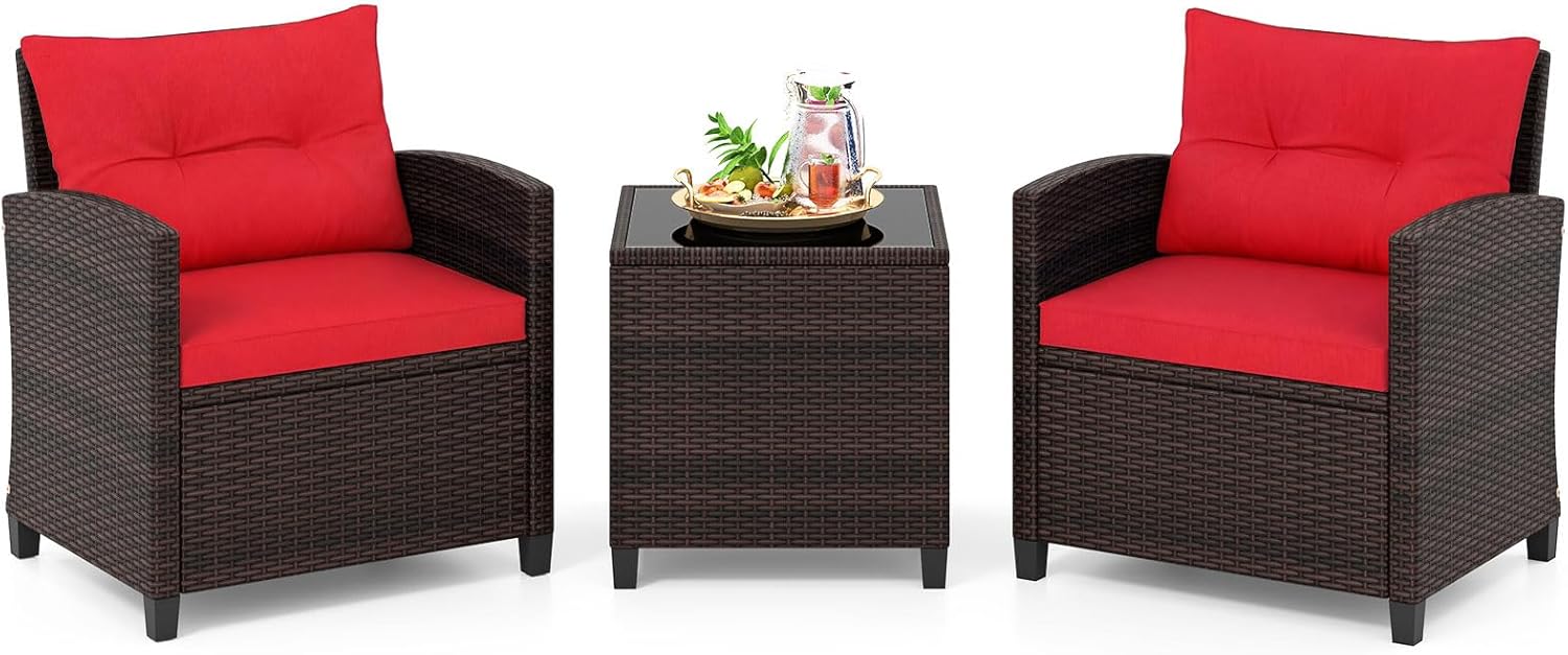 Set de mobilier de grădină din ratan – 3 piese – Capacitate de încărcare 180 kg – 2 fotolii masă cafea blat din sticlă securizată – Roșu