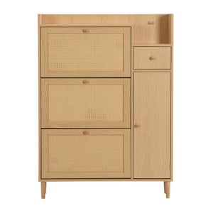 Mendler Scarpiera HWC-M37 In Rattano – 3 Ante Ribaltabili, 127x120x24 Cm, Legno Melaminico Effetto Rovere