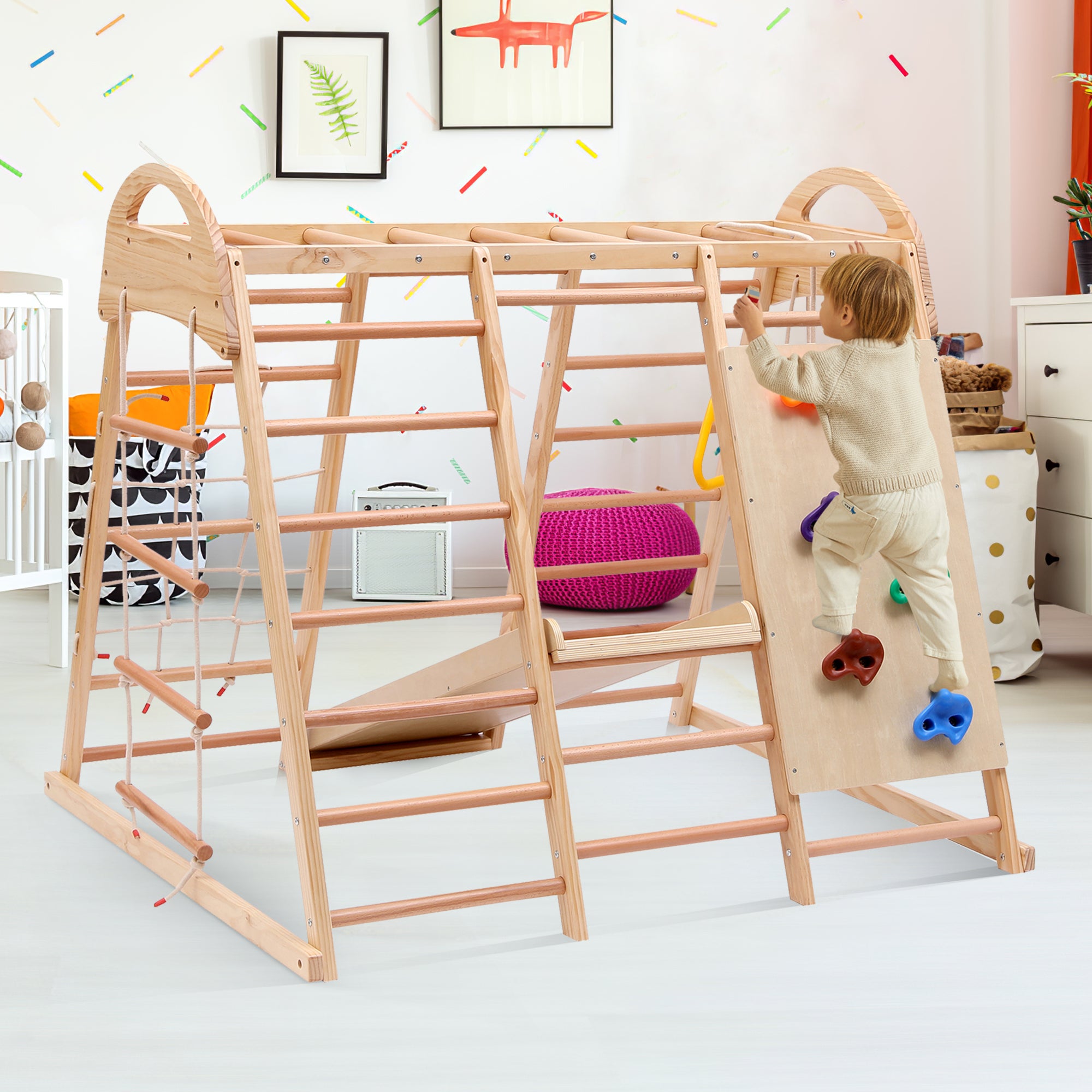 Playground 7 em 1 com balanço, escada, escorregador, rede de escalada, pedra de escalada - 134 x 120 x 120 cm - Pinho e compensado - Natural - 5