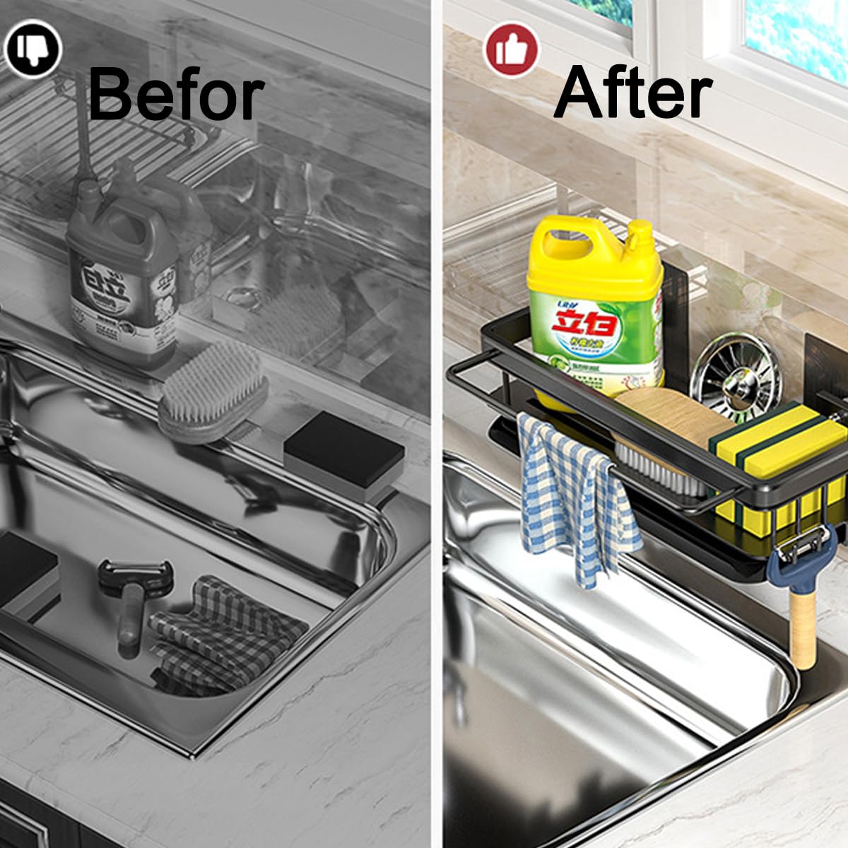 Organizador De Fregadero De Aluminio - Con Bandeja De Goteo Extraíble, Soporte Para Esponja, Sin Necesidad De Taladrar, Para Cocina O Baño
