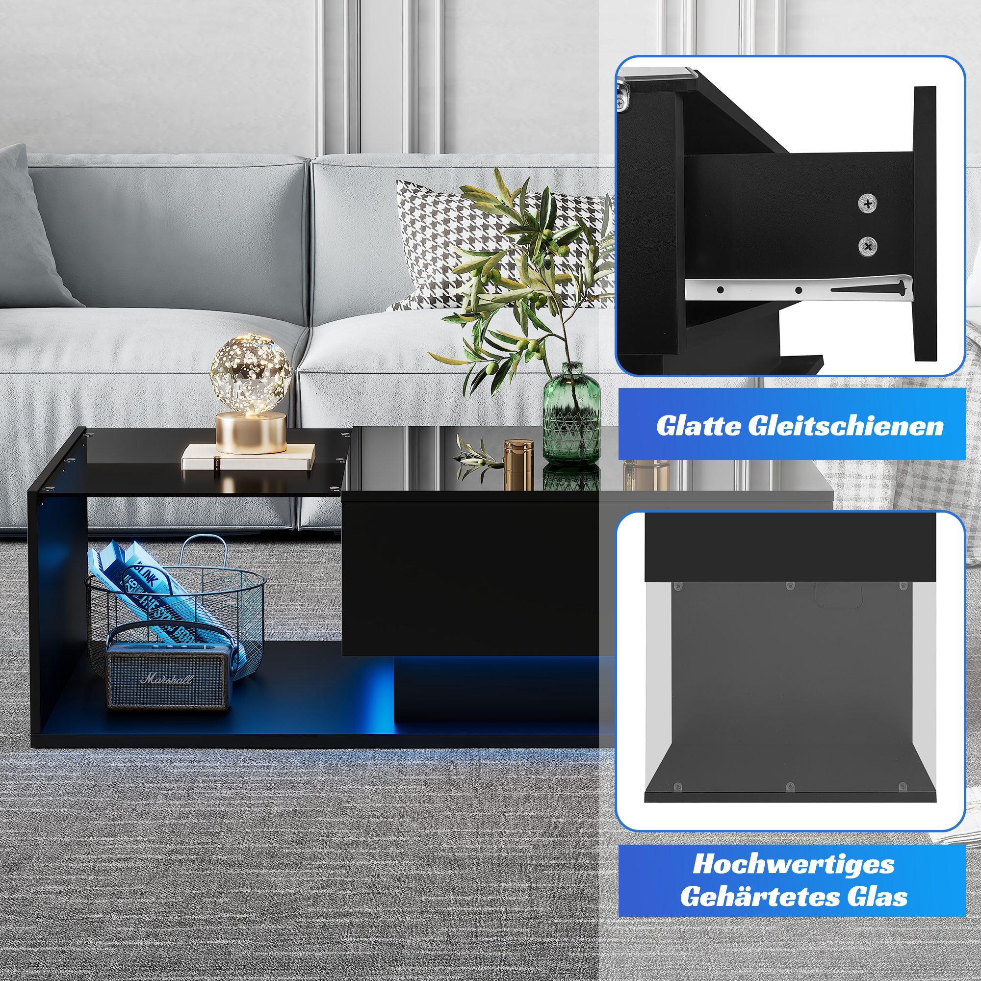 Table basse avec grand tiroir - 100x50x32 cm - LEDs - plateau en verre - Panneaux de particules - Noir brillant - 7