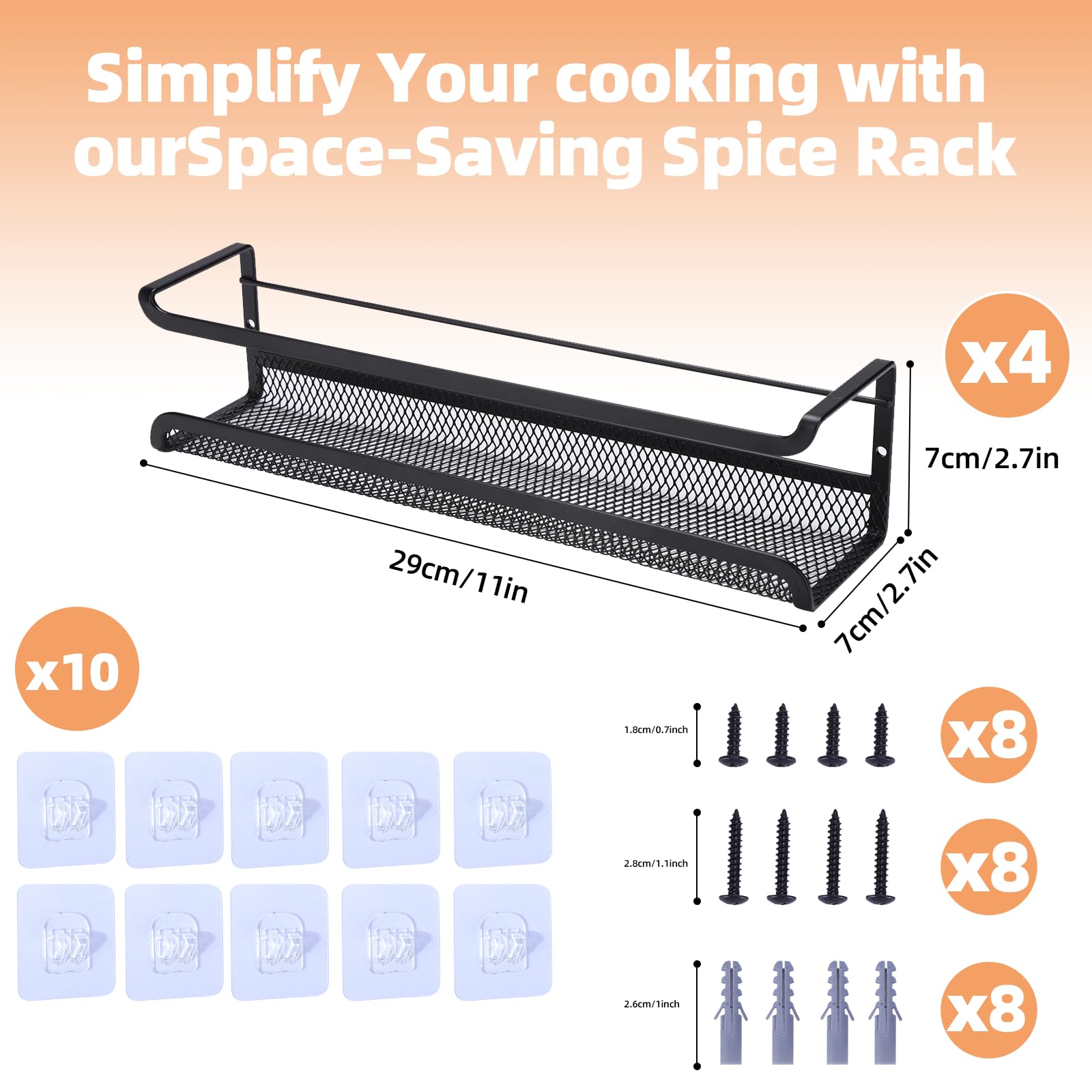 Étagère à épices murale, 4 étagères à épices en métal, sans perçage, à suspendre, pour mur ou porte de placard de cuisine - 2