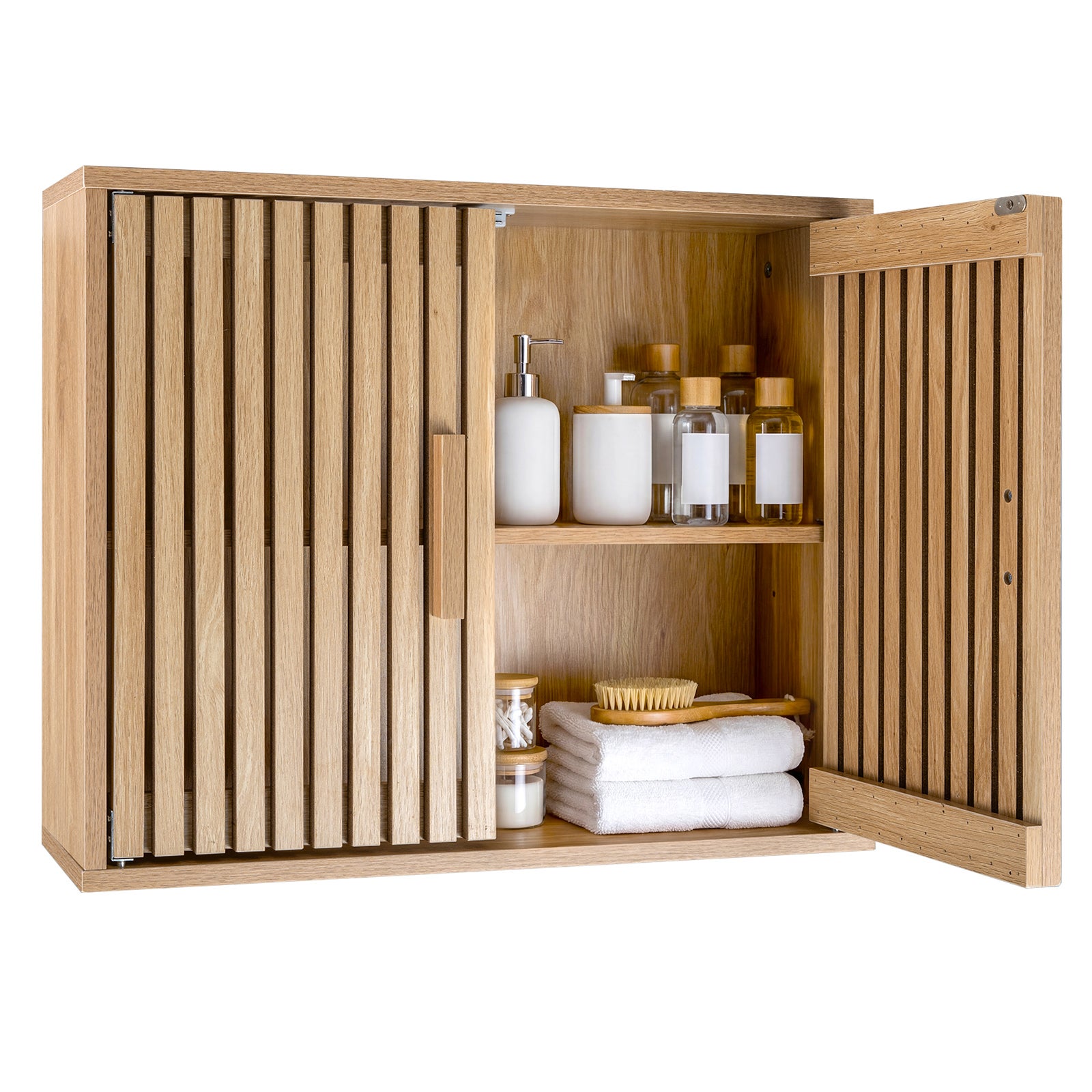 Dulap de baie suspendat cu 2 uși cu lamele, mobilier de toaletă suspendat din lemn cu raft reglabil și detașabil, pentru sufragerie, 60,5x20x50 cm