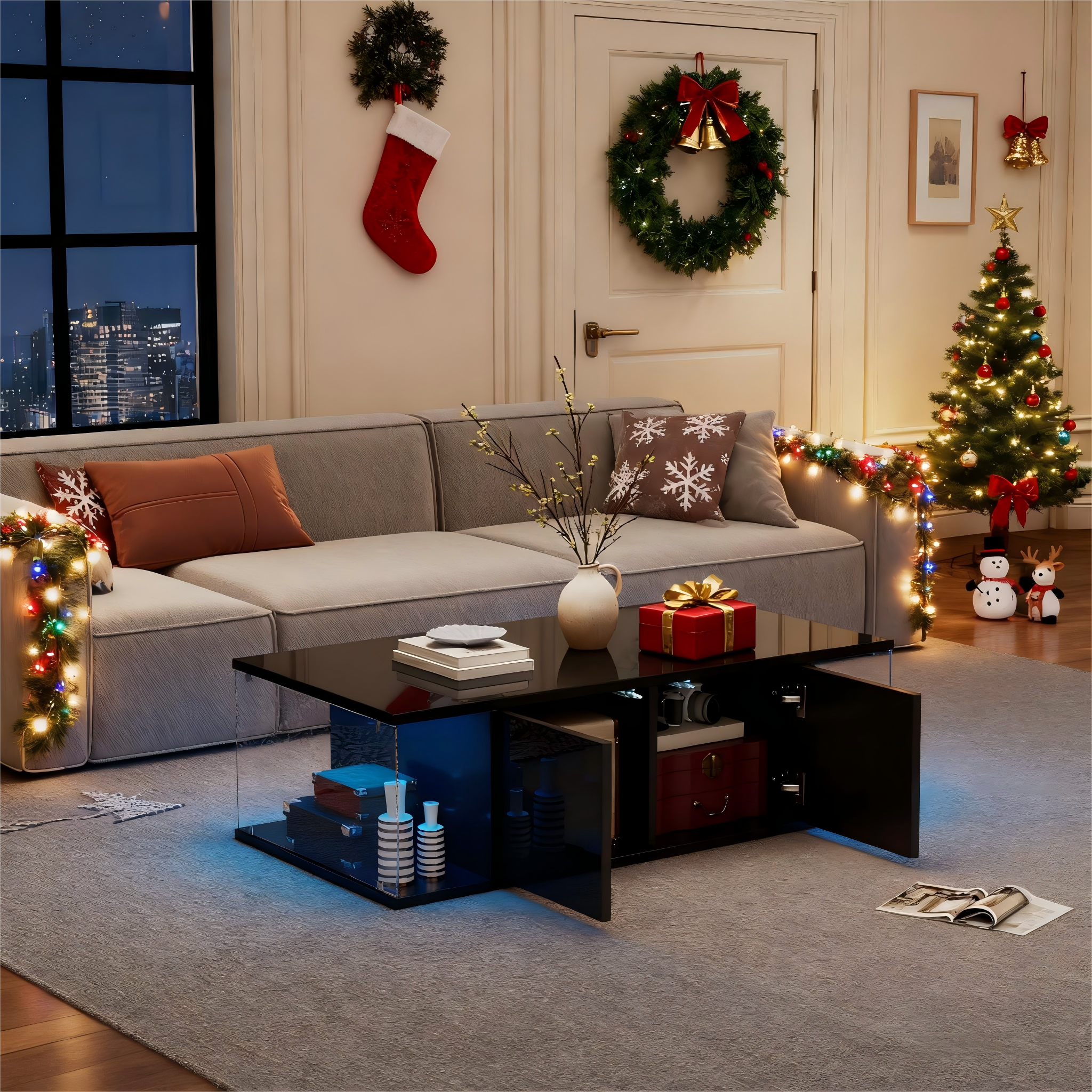 Stolik kawowy z 2 drzwiami - 100 x 50 x 30 cm - Płyta wiórowa i szkło - Czarny połysk