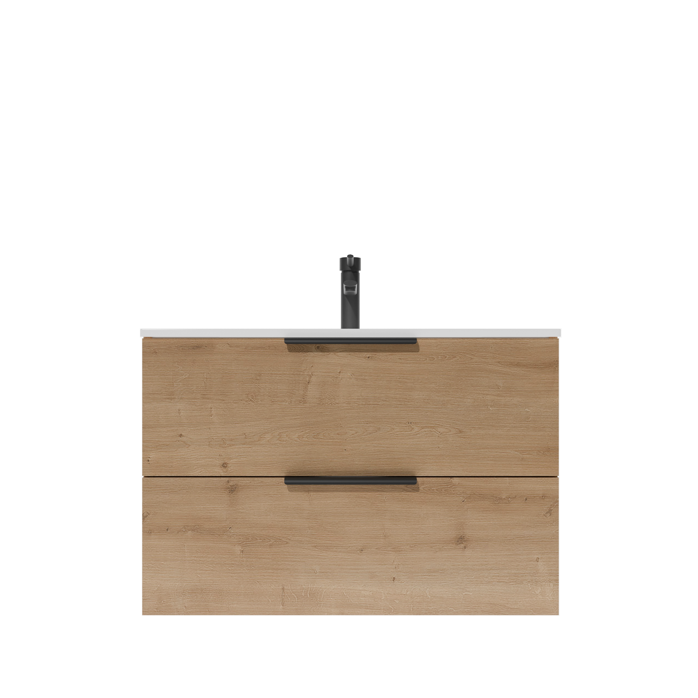 Meuble de Salle de Bains 60cm Suspendu Decor Bois Clair 2 Tiroirs - Vasque Blanche - ELEMENTARY - 3