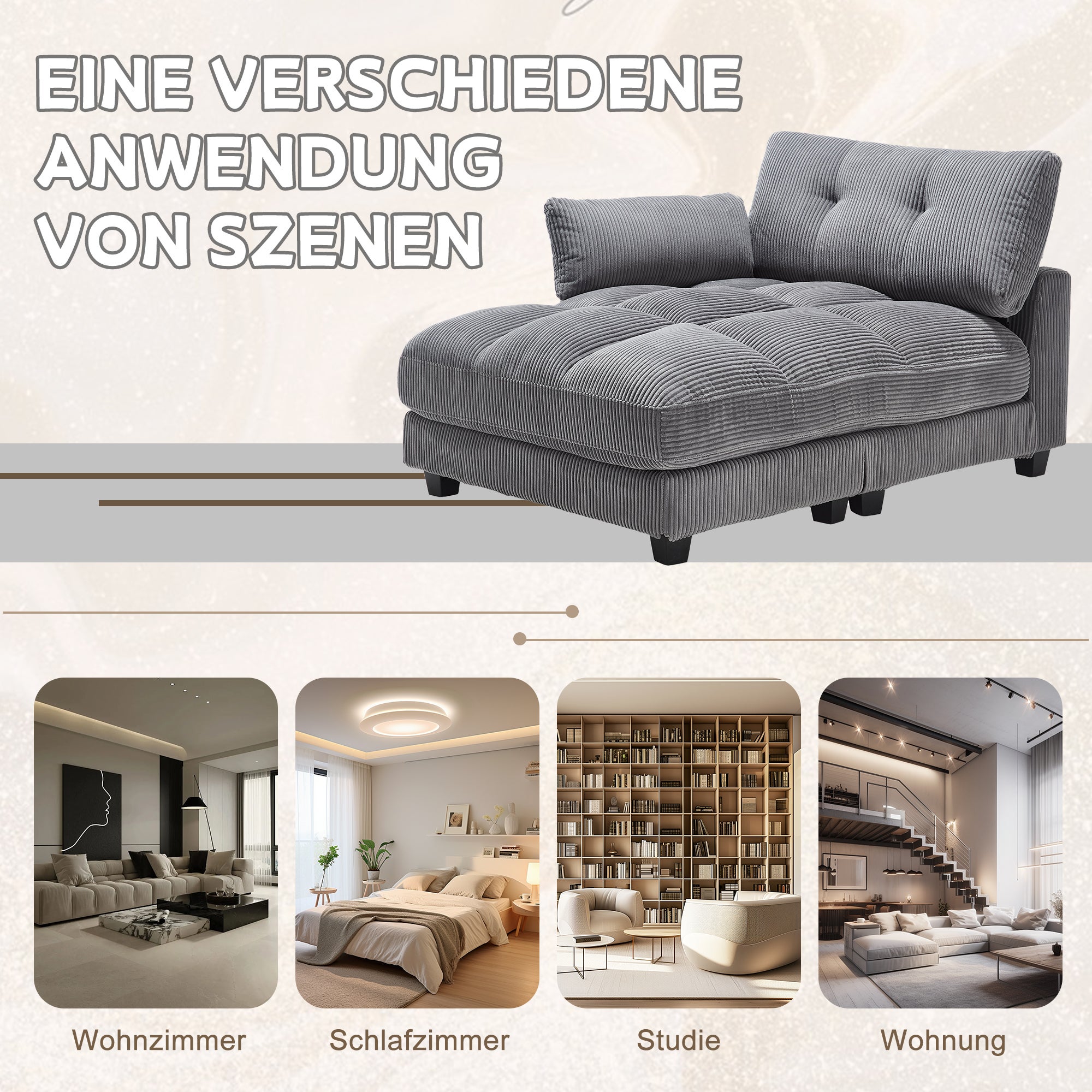 Canapé moelleux L 140 x P 112 x H 81 cm - 2 Porte-Gobelets et 1 poche latérale - Avec port USB-C - velours côtelé - gris - 6