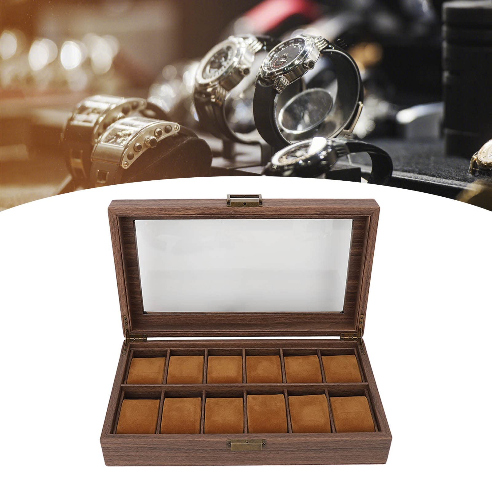 Boîte de rangement pour montres 12 compartiments en grain de bois, étui de rangement de luxe, intérieur en cuir PU ultra lisse - 3