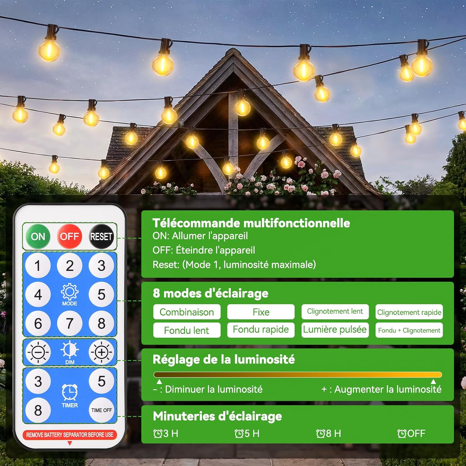 Guirlande lumineuse solaire d'extérieur avec télécommande LED réglable G40 pour balcon, terrasse, mariage, fête 15 m - 4