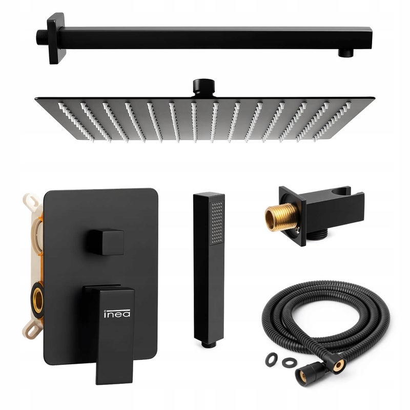 ZESTAW PODTYNKOWY PRYSZNICOWY CZARNY MAT NATRYSK Z DUŻĄ DESZCZOWNICĄ 30CM