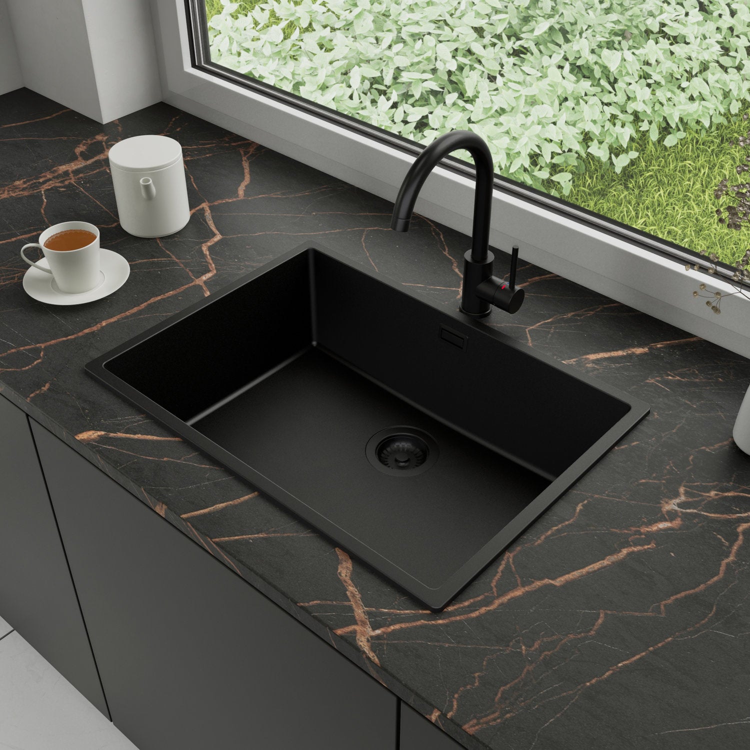 Zlewozmywak Granitowy 66x47cm, do szafki od 70cm + Bateria + Syfon - Agate Cały Czarny STONESTYLE