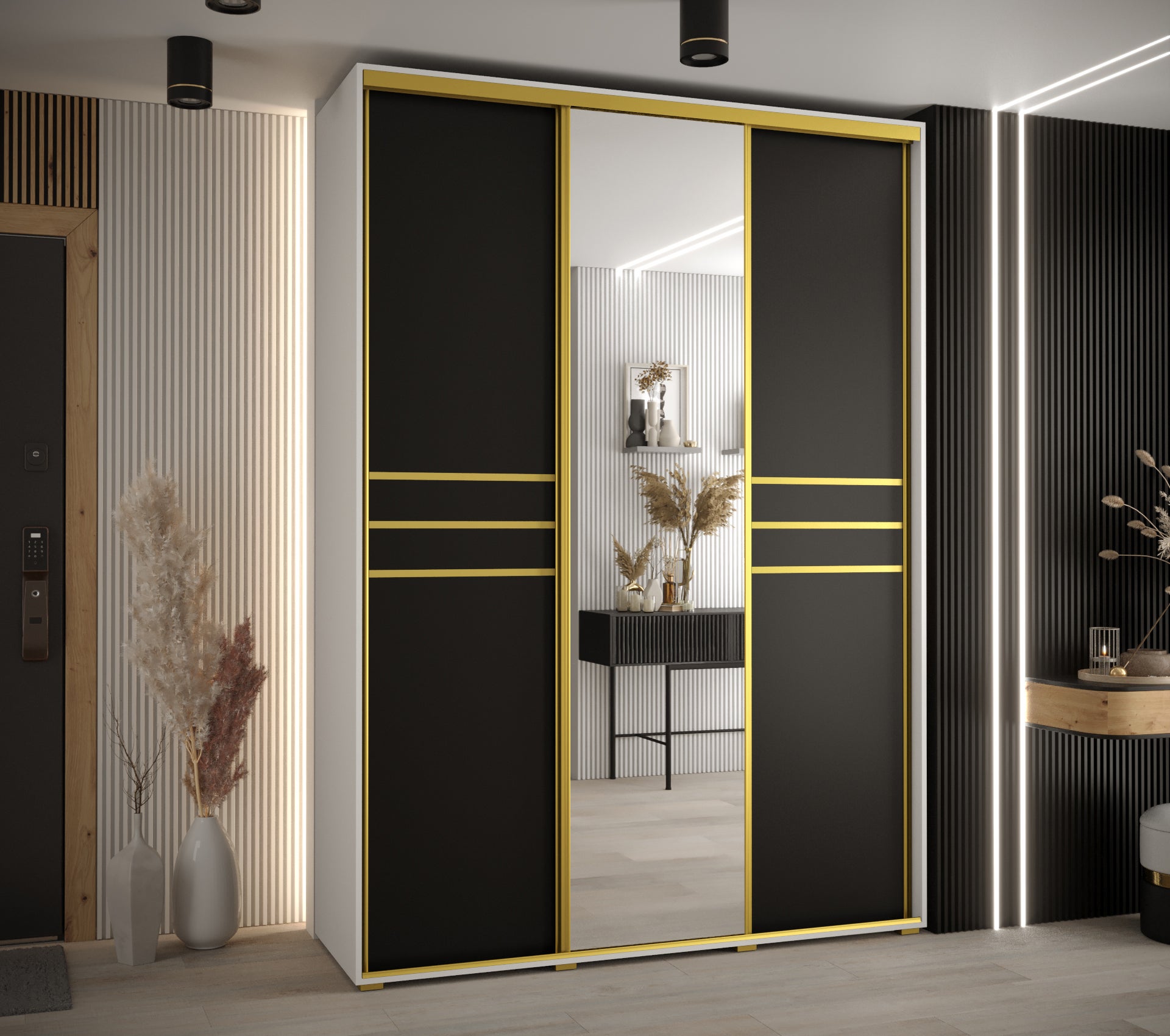 Szafa przesuwna z lustrem wysoka Davos 11 180 x 60 x 235,2 cm biały + czarny + u. złoty - Abiks Meble - 2