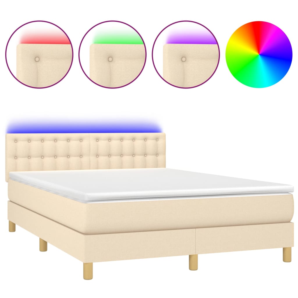Letto Box Spring Con Materasso E Tessuto LED Crema 140x200 Cm | Leroy