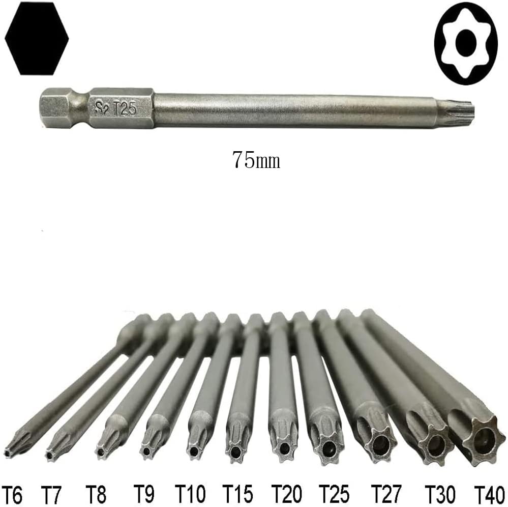 Lot de 11 tournevis de sécurité 75 mm à tige hexagonale 6,35 mm T6 -T10 T15 T20 T25 T27 T30 T40 avec porte-embout de tournevis d'angle en L - 3