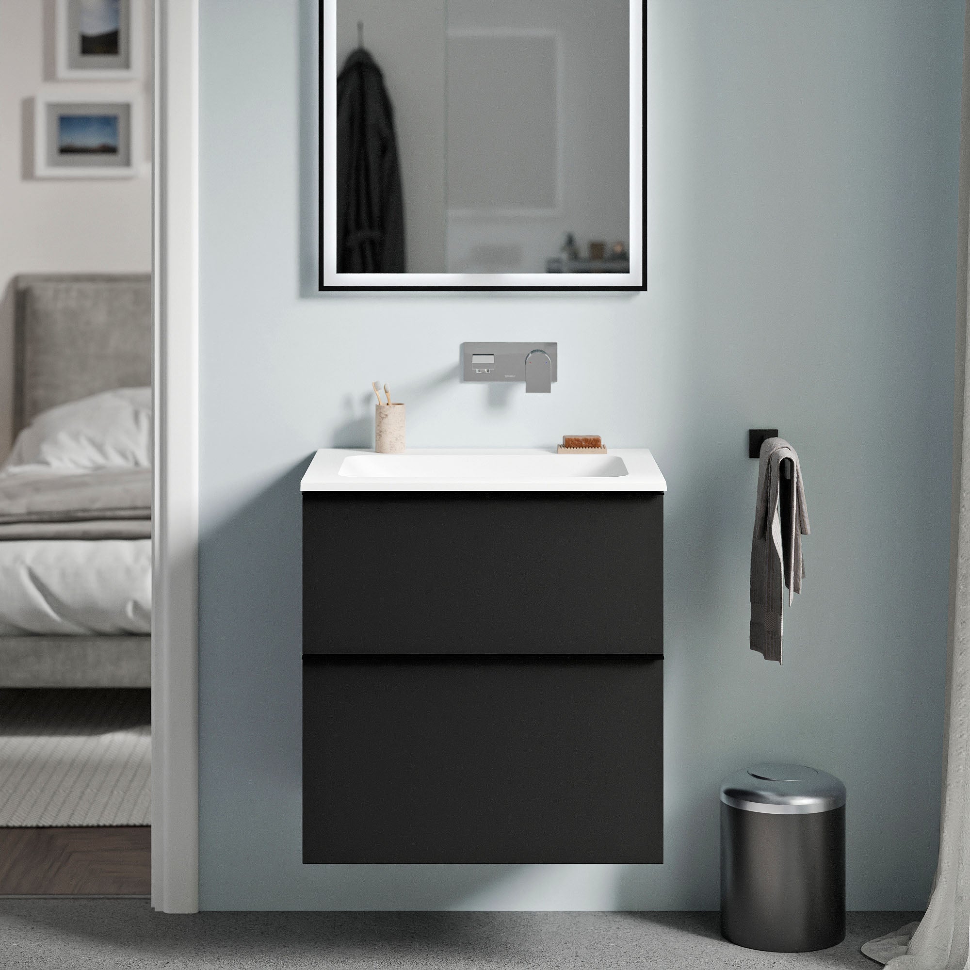 Bernstein - mueble lavabo suspendido mdf negro mate, lavabo fundición blanco mate sin orificio grifería, tirador negro mate 60x46x62cm lavoa
