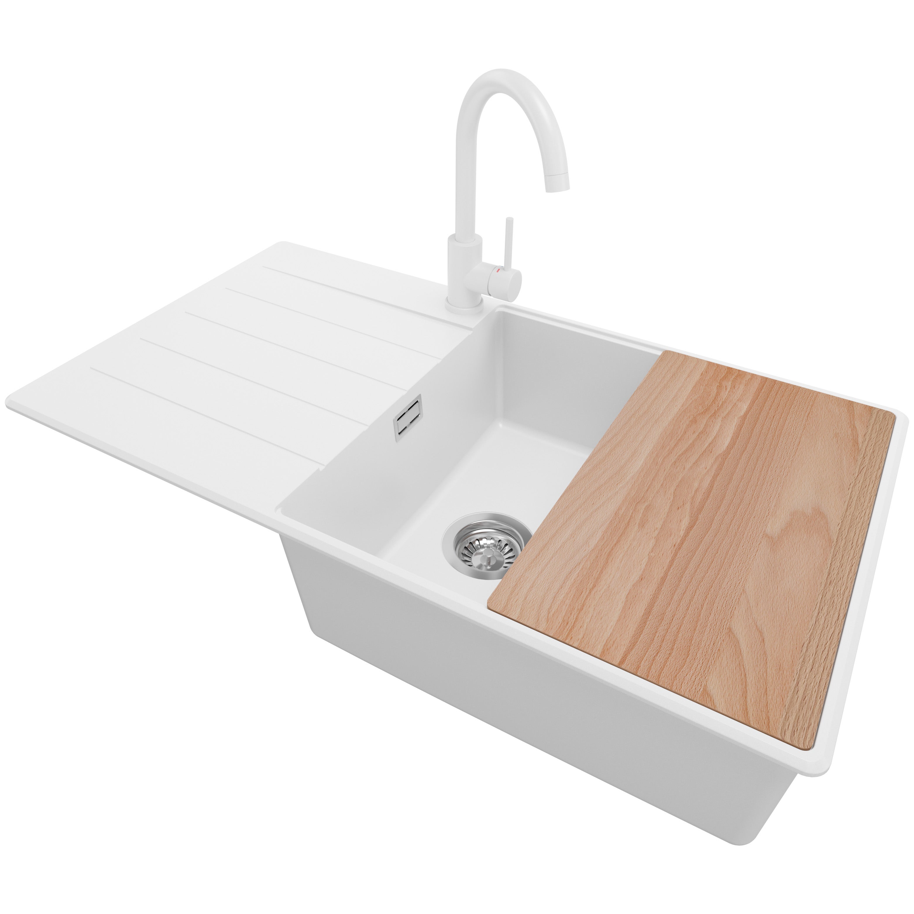 Zlewozmywak Granitowy Biały 90x50cm, Zlew Kuchenny 1 Komorowy + Bateria 32x20cm + Syfon + Deska, Nablatowy do szafki od 60cm - Kopenhaga PRIMAGRAN