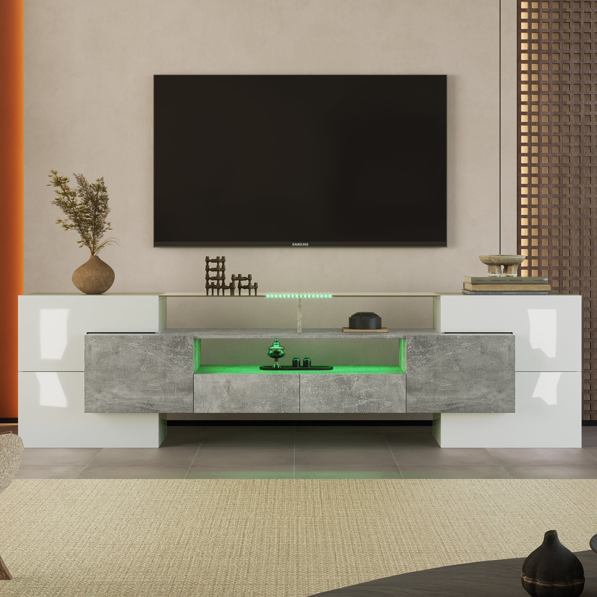 Meuble TV Blanc Brillant Avec LED - 200 Cm | Étagères En Verre, 3 Portes | Meuble Bas Moderne Pour Salon Et Chambre | Design élégant Et éclairage Atmosphérique