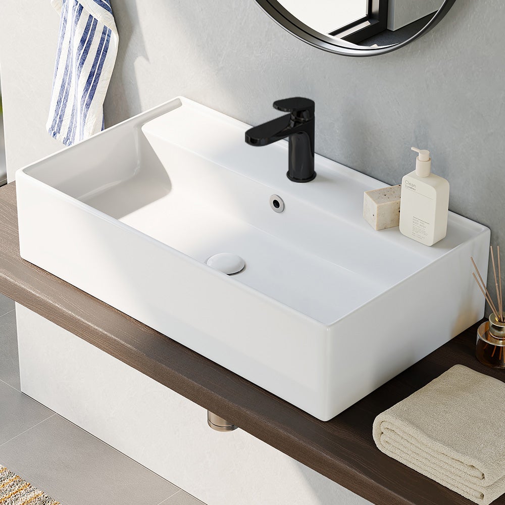 HOROW Lavatório de casa de banho retangular com design de borda fina e orifício para torneira, lavatório de hóspedes montado na parede - 2