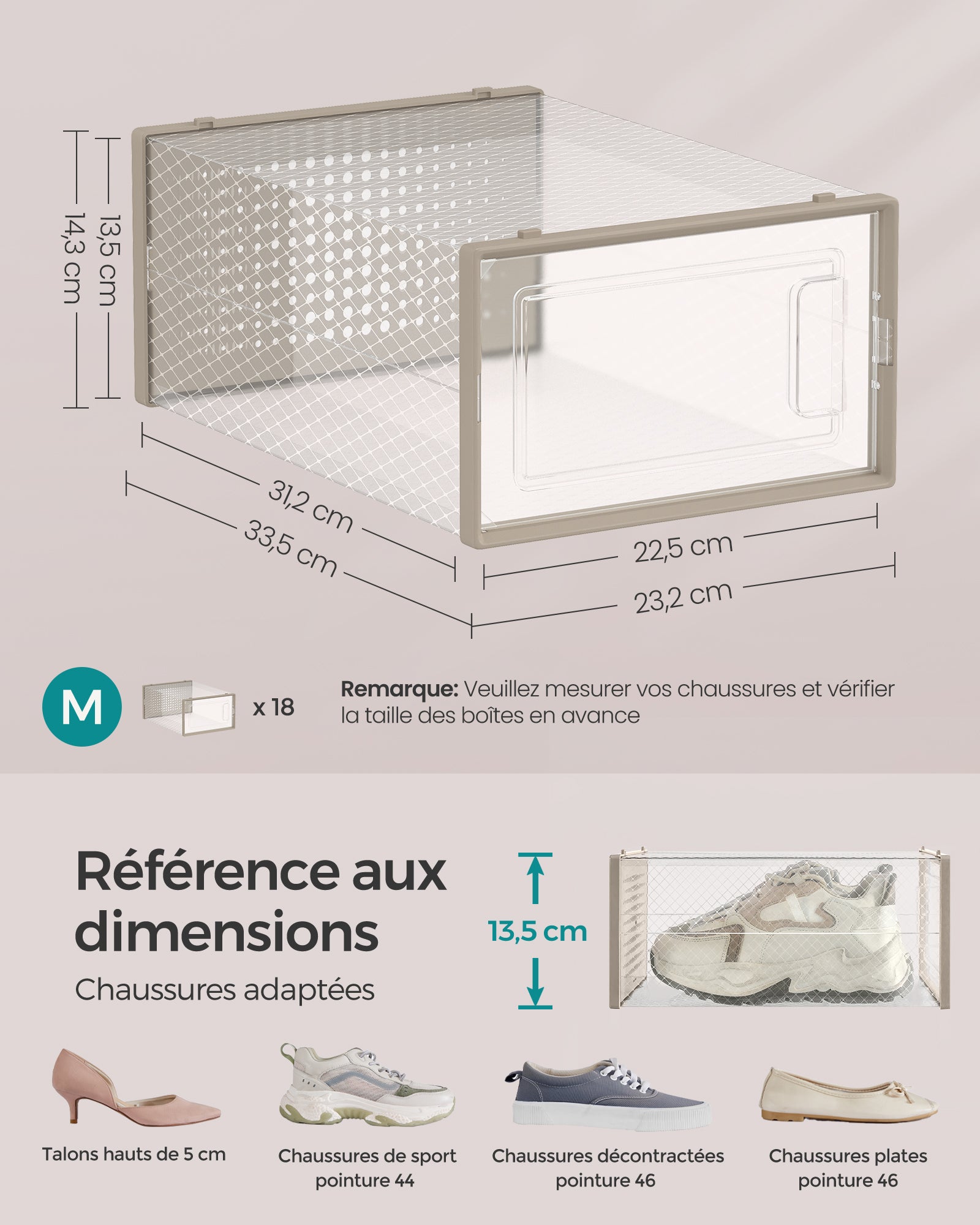 Boîtes à Chaussures, Lot de 18, Rangement Chaussures, Pliable, pour Pointure jusqu’à 44, Transparent et Beige Avoine - 5