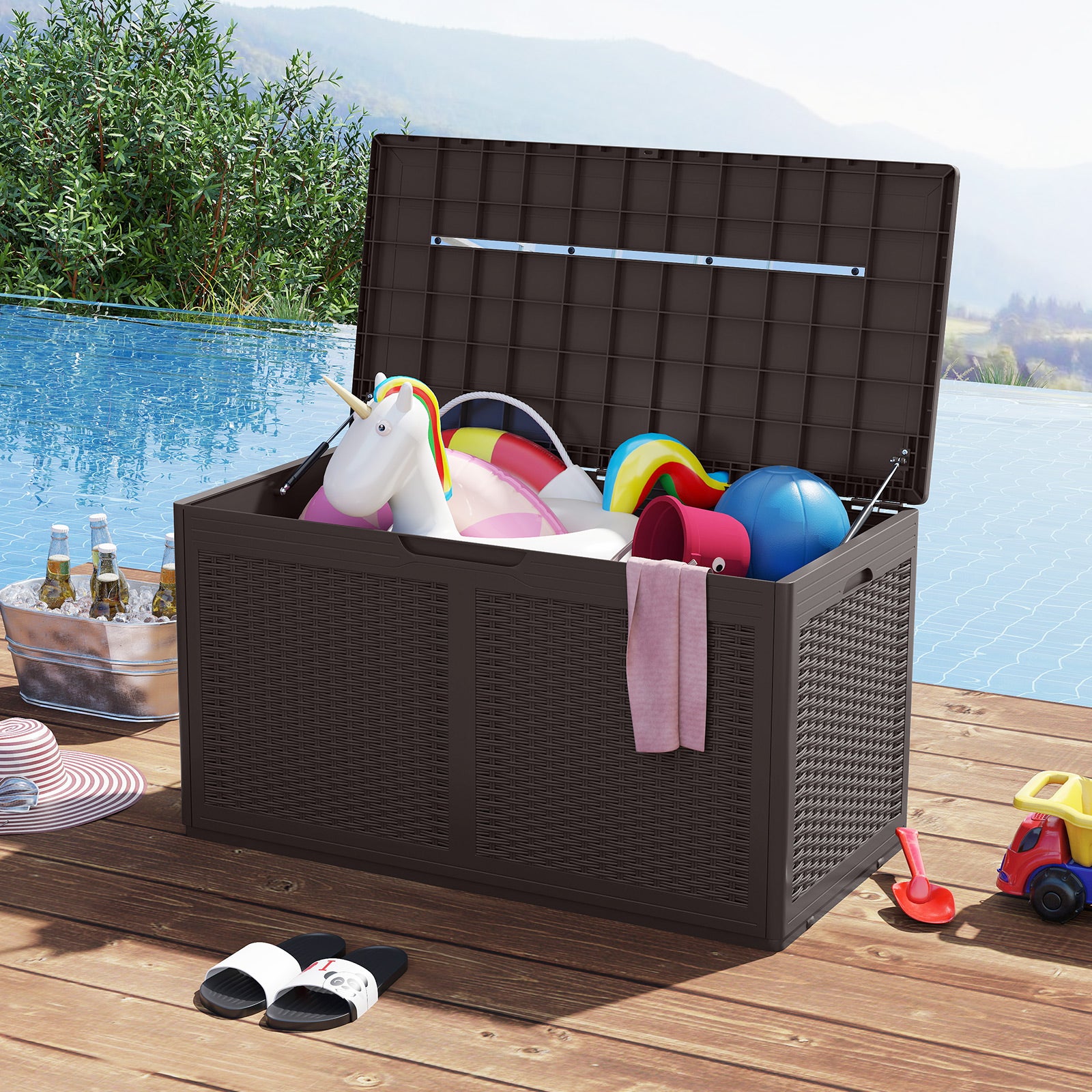 Coffre de Terrasse en Résine 380 L, Banc de Rangement Étanche d'Extérieur avec Couvercle Verrouillable et Roues pour Outils de Jardin, Marron - 9