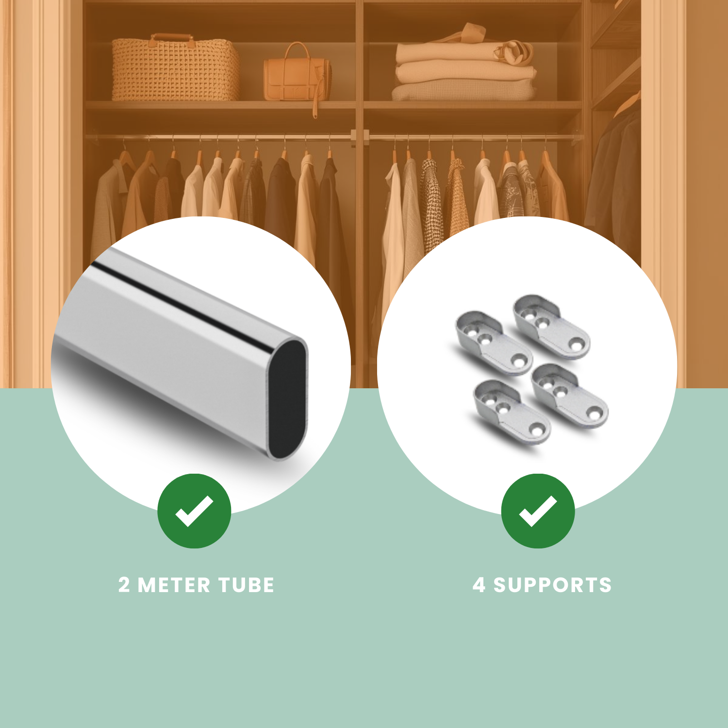Tube Porte-Vêtements Chromé Ovale 15x30 mm Longueur 2 Mètres Pour Armoire avec 4 Supports Latéraux - 3
