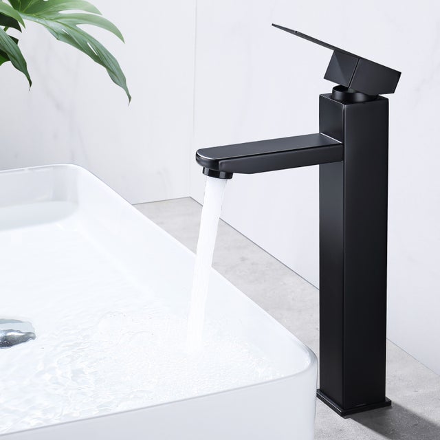 Mitigeur Salle de Bain Noir avec Bec Haut Robinet de Lavabo Pour Vasque à Poser Robinetterie Lavabo avec Poignée Carré en Inox