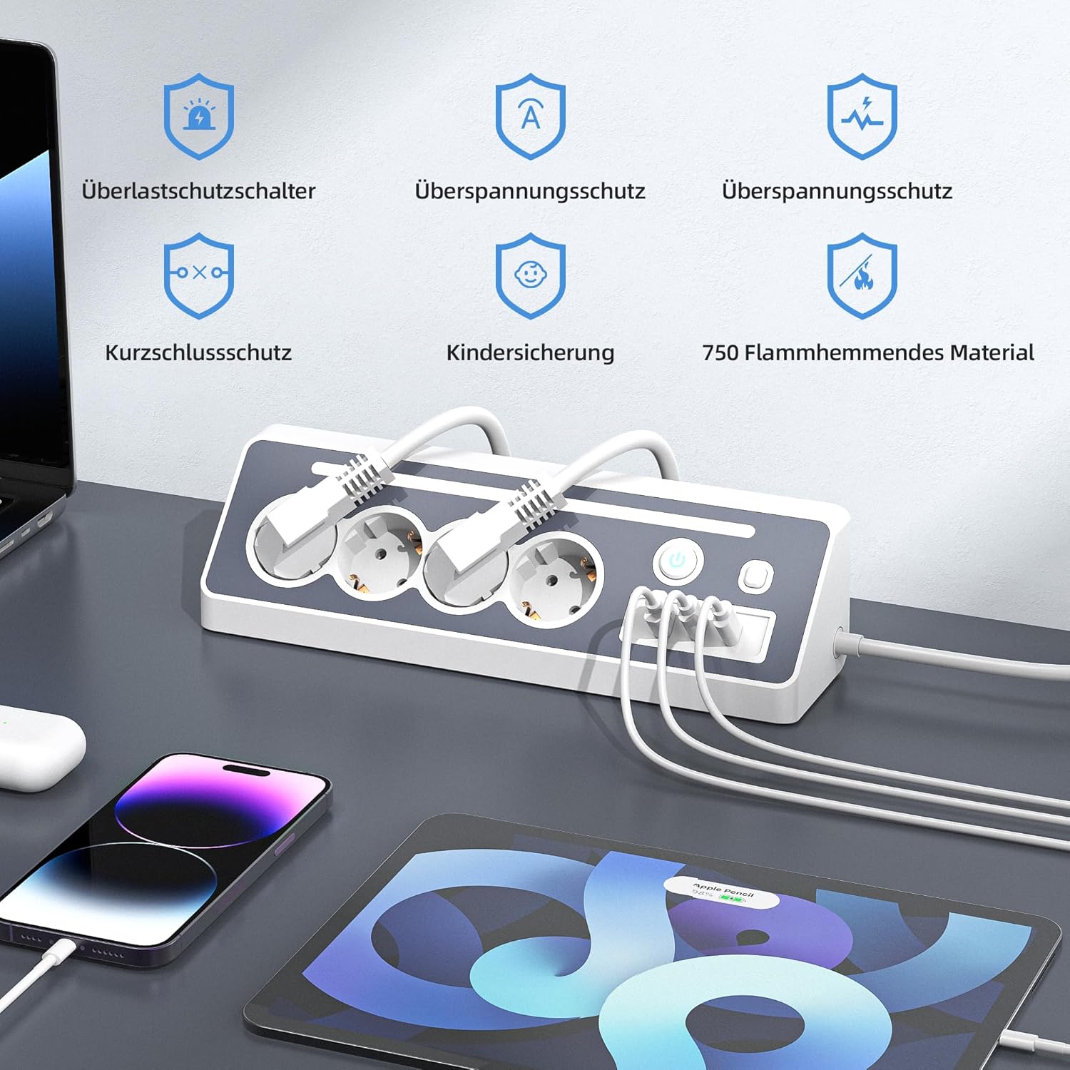 Multiprise de Bureau, 4 Prises avec USB et 2 Types C, 16 A, 3680 W, 2 Interrupteurs, Protection Surtension LED, Multiprise Cuisine Bureau - 3