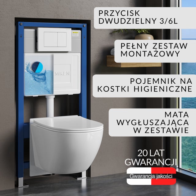 Zestaw podtynkowy WC Helmken 6w1: Stelaż, Biały (J) Przycisk, Miska bezkołnierzowa Rimless 35103001, Deska wolnoopadająca, Pojemnik na kostki, Mata