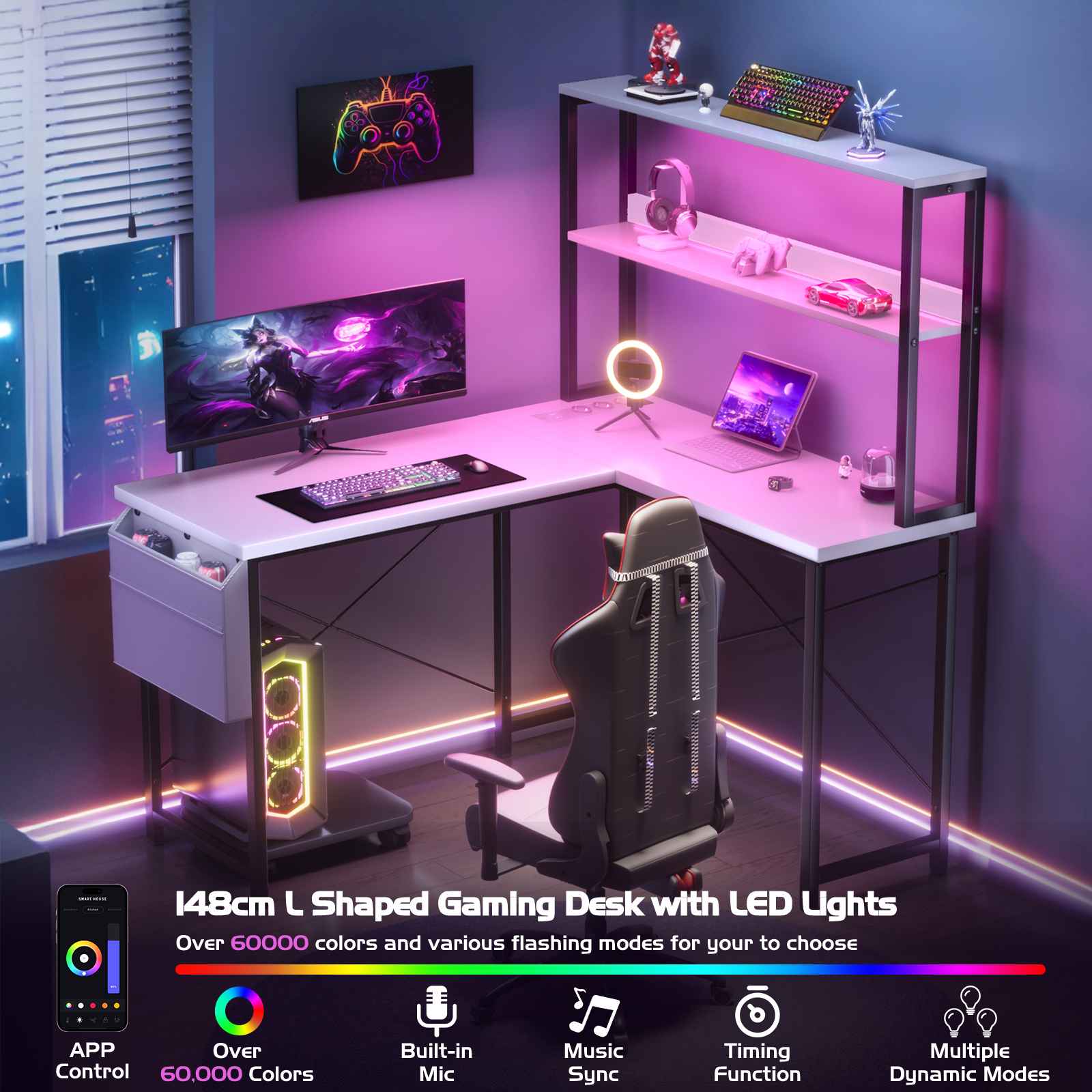 Scrivania angolare L 135 cm con LED e prese, scrivania gaming doppia con scaffali, supporto PC, ganci e tasca portaoggetti per casa e ufficio - 8