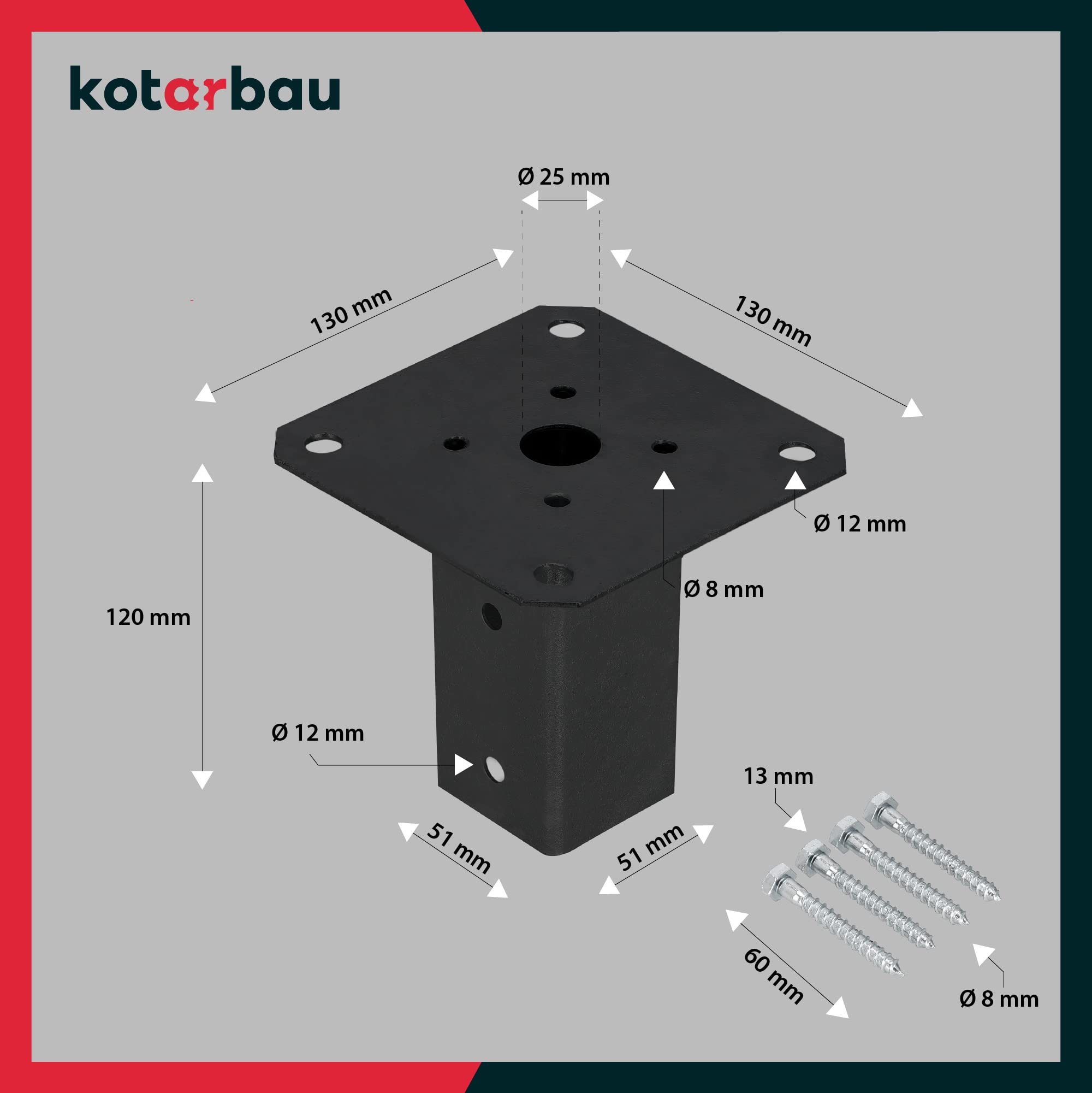 Podstawa Słupa Drewnianego - 50 X 50 MM - Kotwa Przykręcana do Betonu - Wspornik Stalowy - Malowany Proszkowo - Czarny KOTARBAU - 4