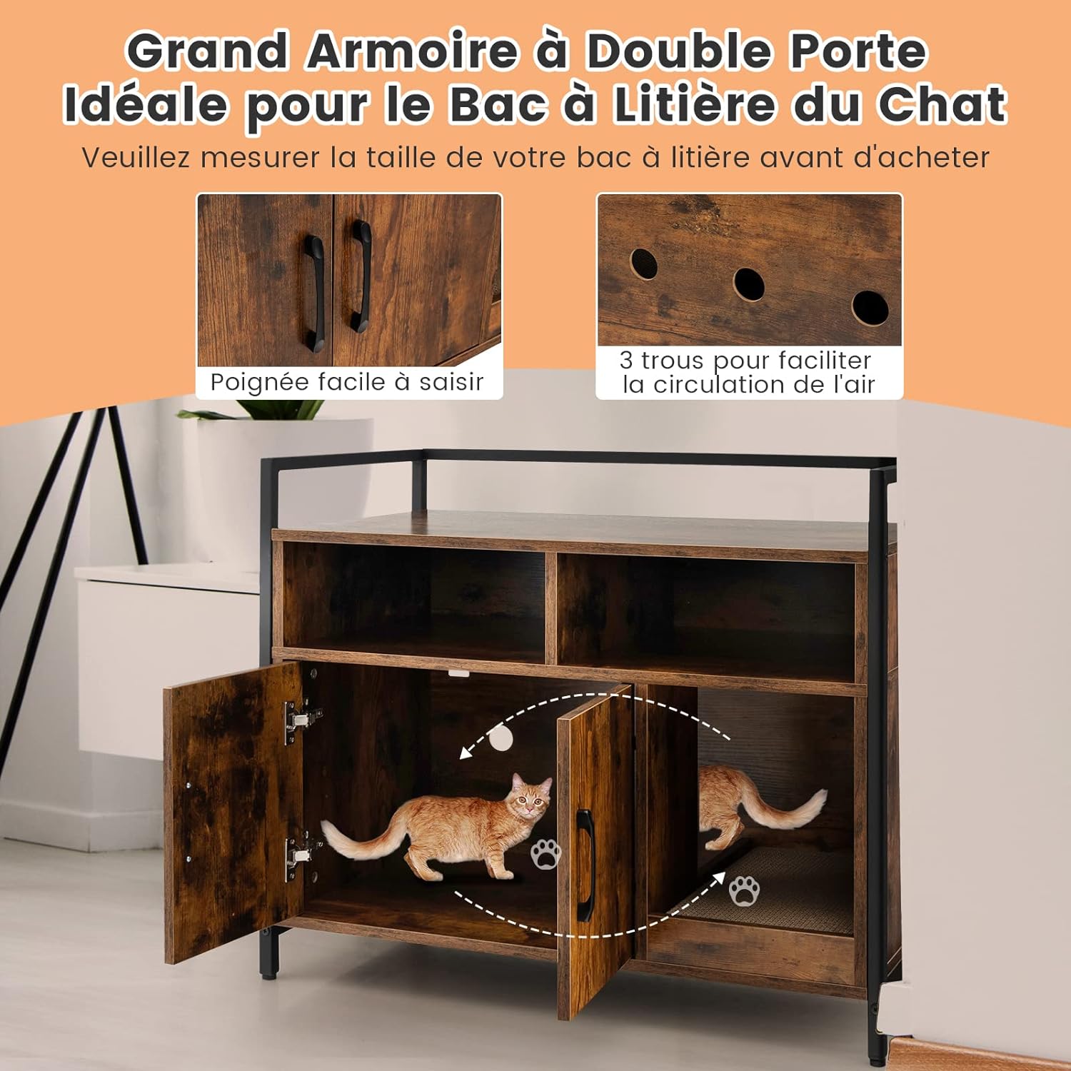 Meuble Litiere Chat Griffoir Amovible Industriel, 89x45x74,5cm Café - 7