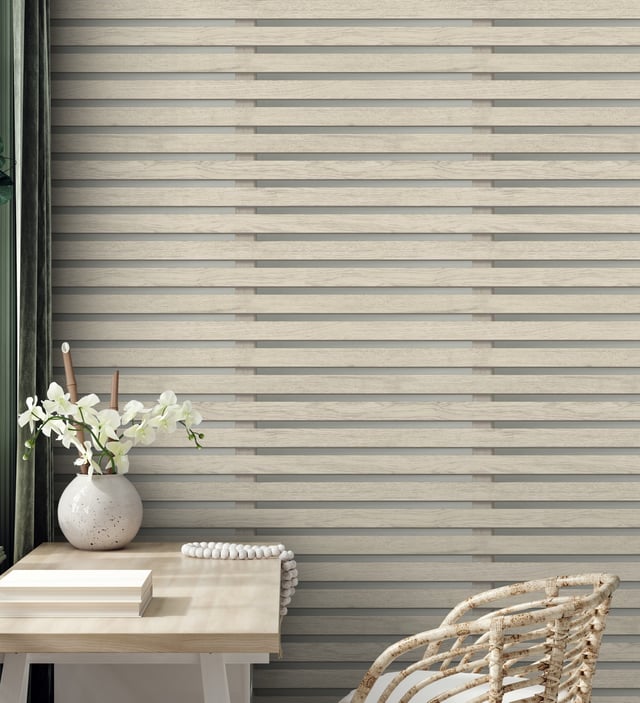 Papier peint baguettes de bois naturel en panneaux sur fond clair - Thabo 681959 de GAULAN - Rouleaux de 10 m x 0,52 m