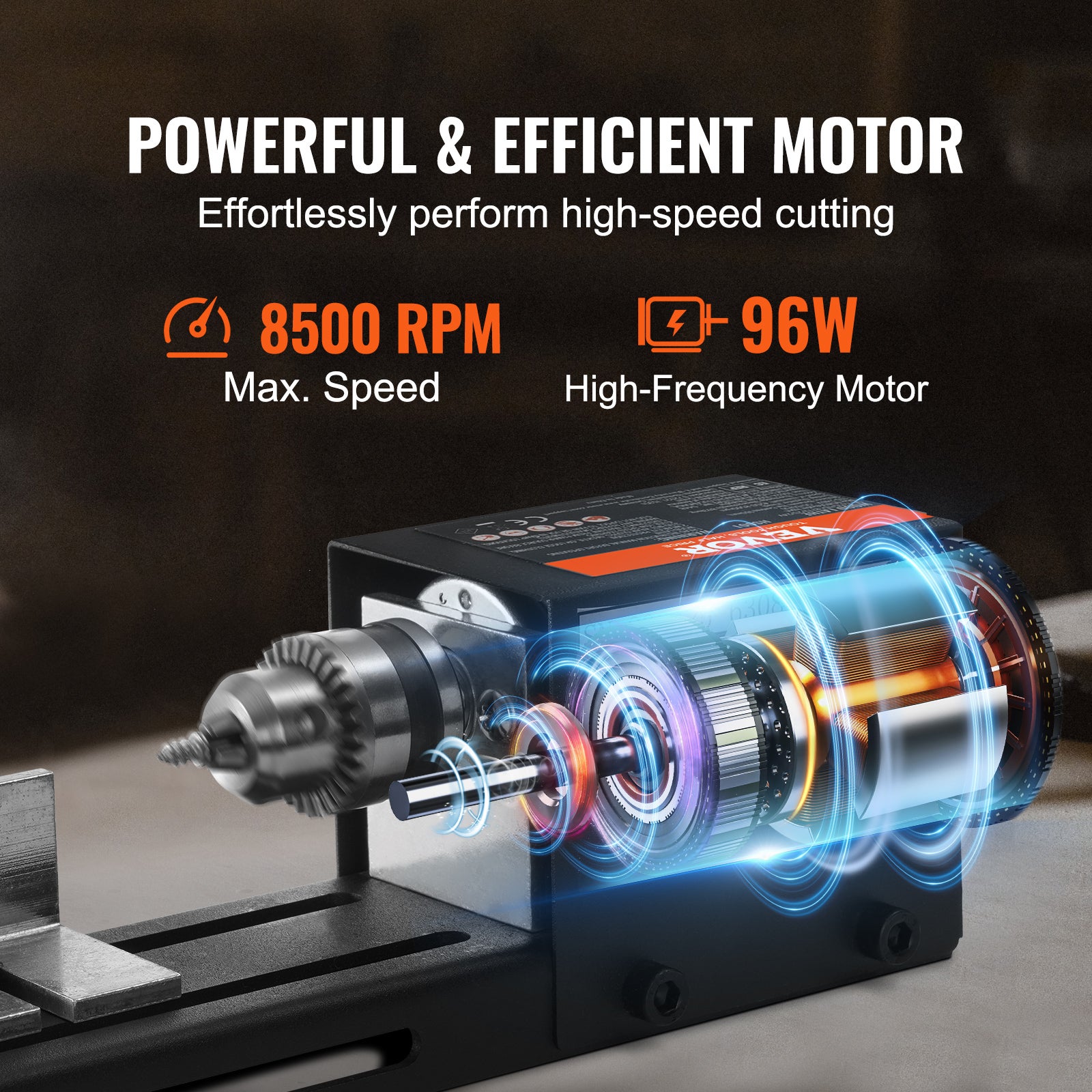Torno para madeira VEVOR Mini 70x160 mm, torno elétrico para madeira 24 V 96 W, para fresadora, 7 velocidades 4220/5300/5650/6350/6660/7050/8450 rpm - 5