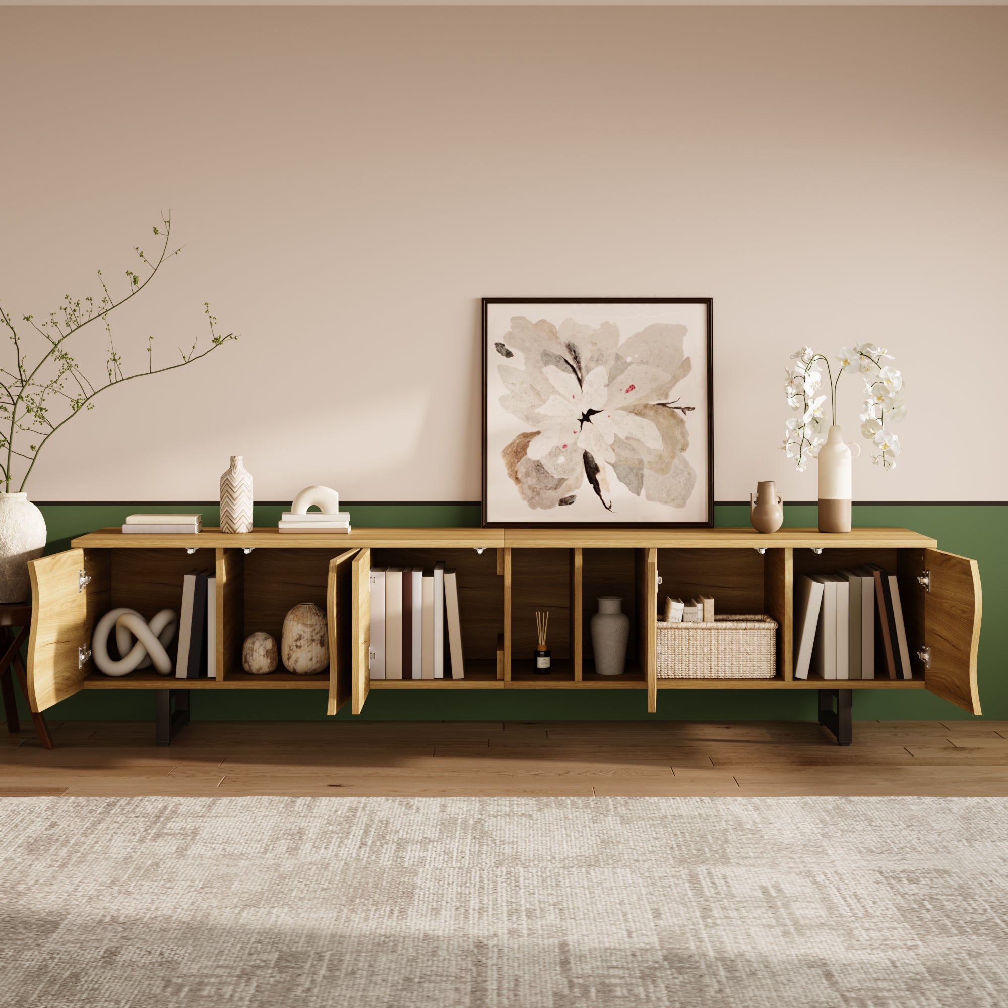 Stolik pod TV z 5 drzwiami i otwartymi przegródkami - 191 x 38 x 46,5 cm - Płyta wiórowa + MDF - Naturalny - 3