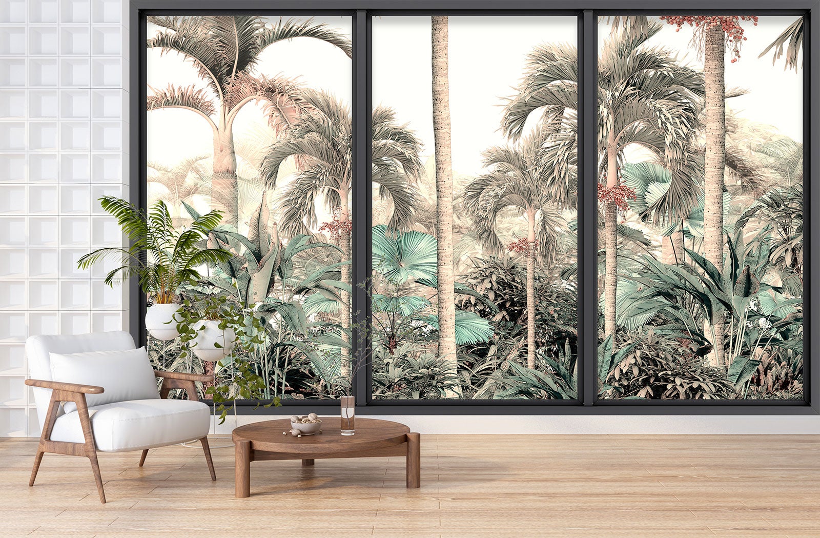 Papier peint panoramique intissé décoratif Trompe l'oeil baie vitrée - Forêt tropicale - L417 cm x H250 cm - 3