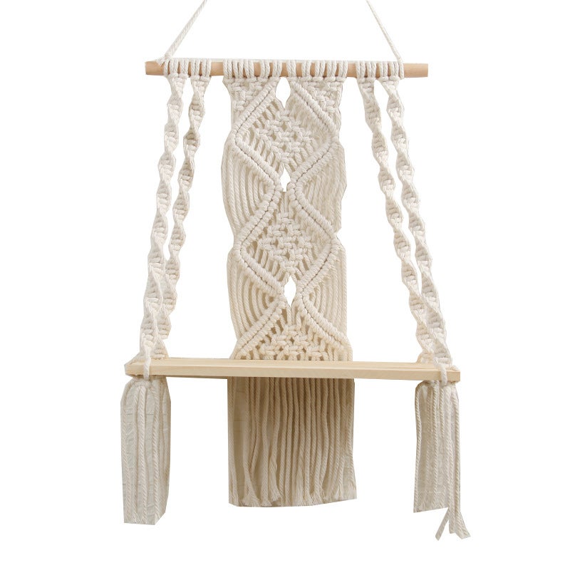 Półka ścienna, dekoracja ścienna do sypialni w stylu boho, makrama ścienna z plecionej liny jako dekoracja półki łazienkowej w stylu boho