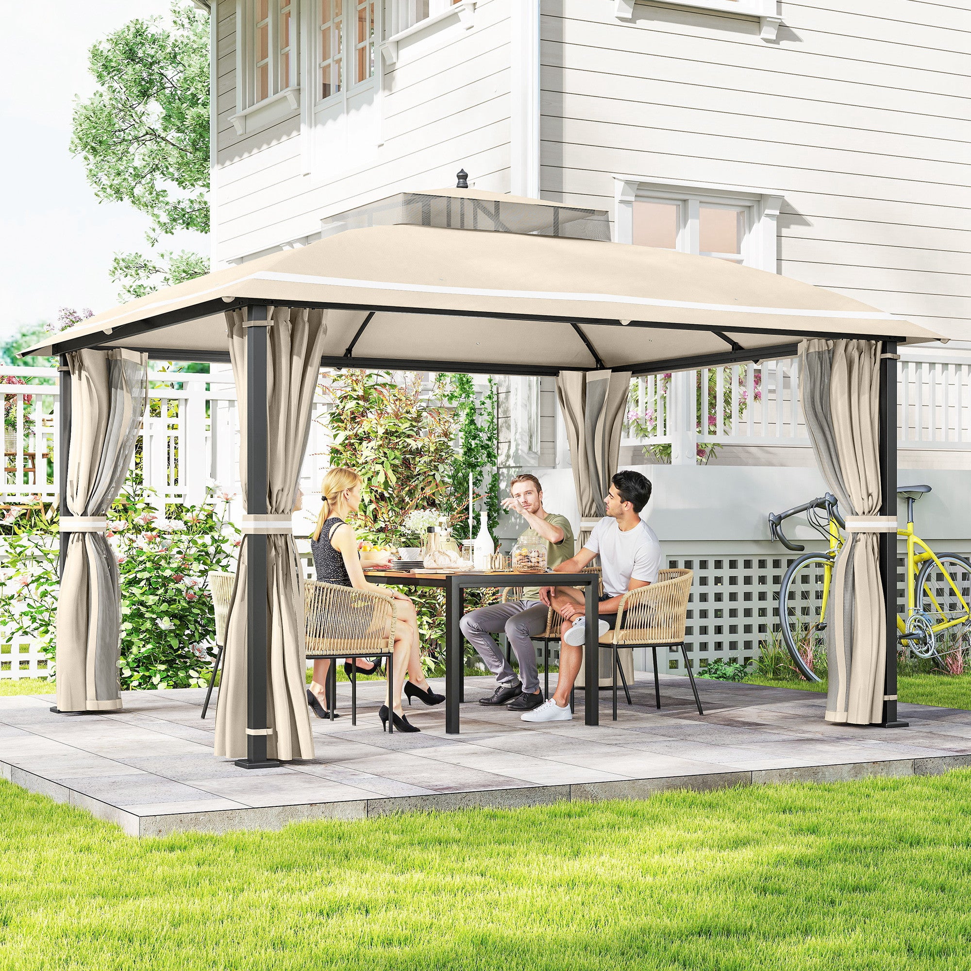 Cenador para Jardín Outsunny metal, tela de poliéster Beige 370x303x290 cm - 9