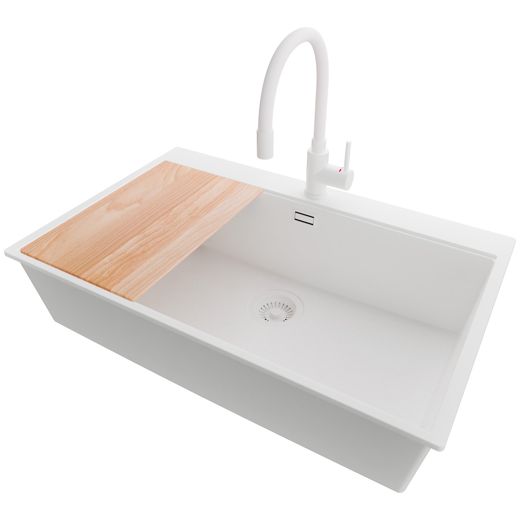 Zlewozmywak Granitowy Cały Biały 78x50cm, Zlew Kuchenny 1 Komorowy + Bateria 38x14cm + Syfon + Deska, Nablatowy do szafki od 80cm - Oslo PRIMAGRAN