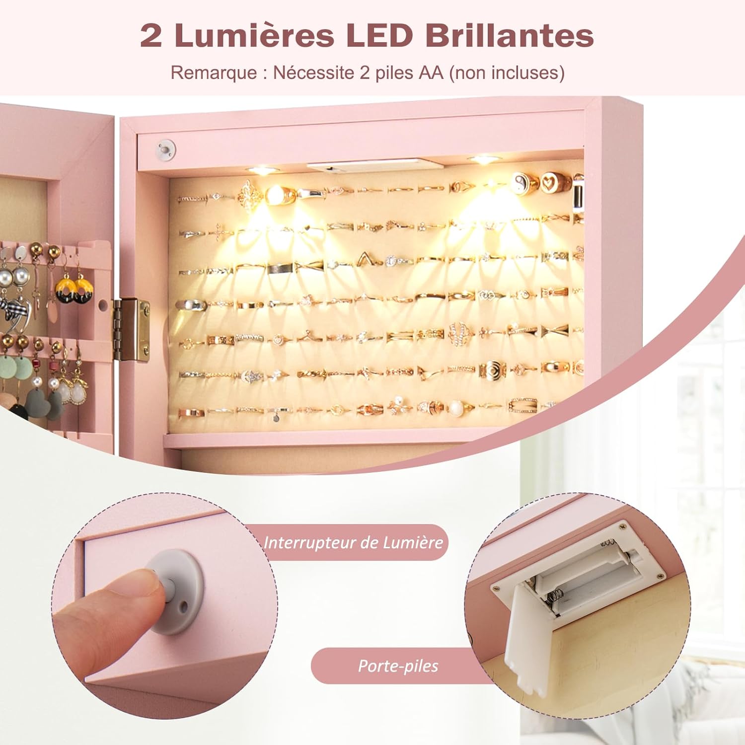 Armoire à Bijoux avec Miroir, Armoire a Bijoux Murale avec Éclairage LED, 2 Tiroirs, Fixer au Mur ou à Suspendre sur Porte (Rose) - 5