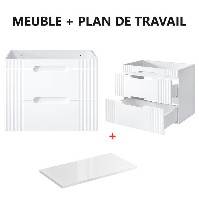 Meuble sous lavabo de salle de bain - Blanc alpin - L80-H62-P45,8 - FUJI + Plan de vasque en bois BLANC ALPIN L-80-P46-H2,5